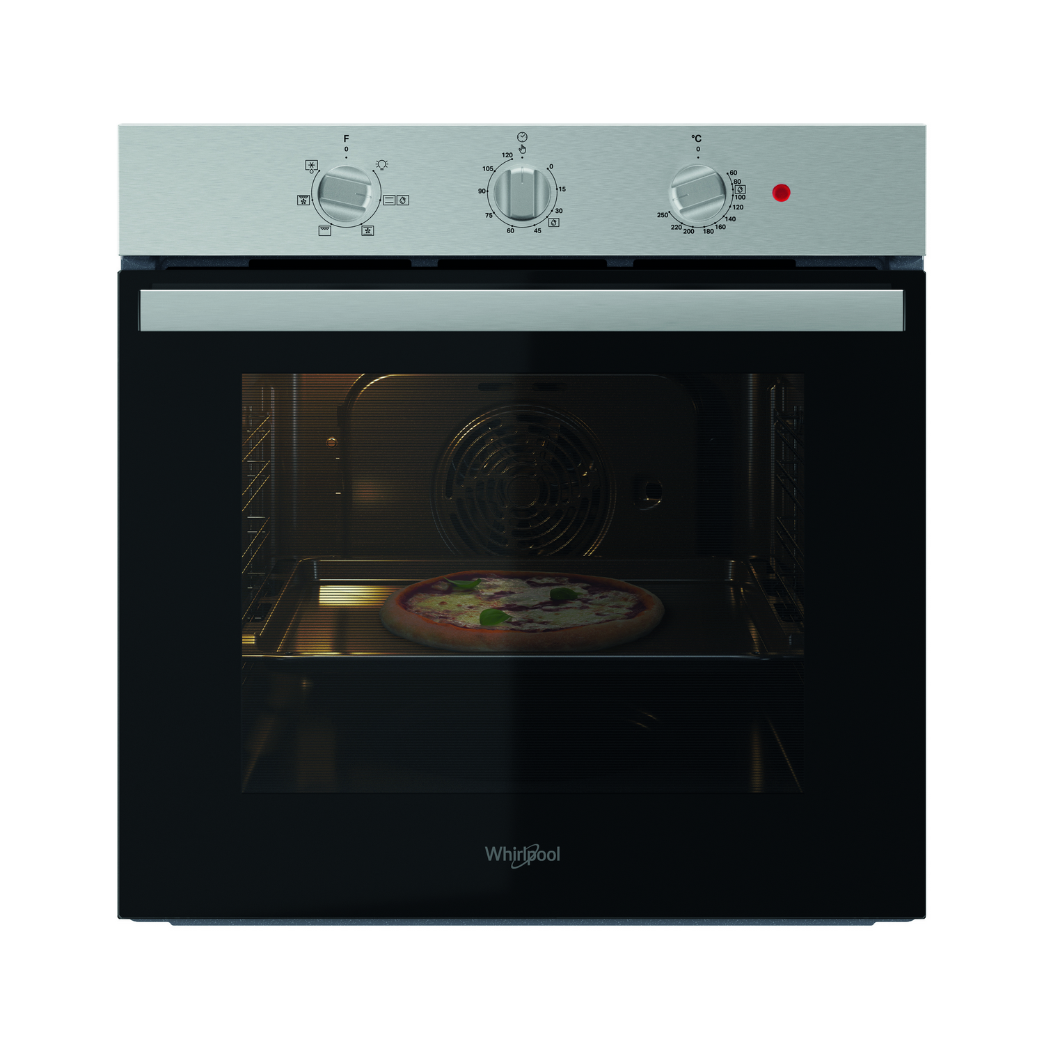 An oven, with a pizza inside. The oven is stainless steel and black.