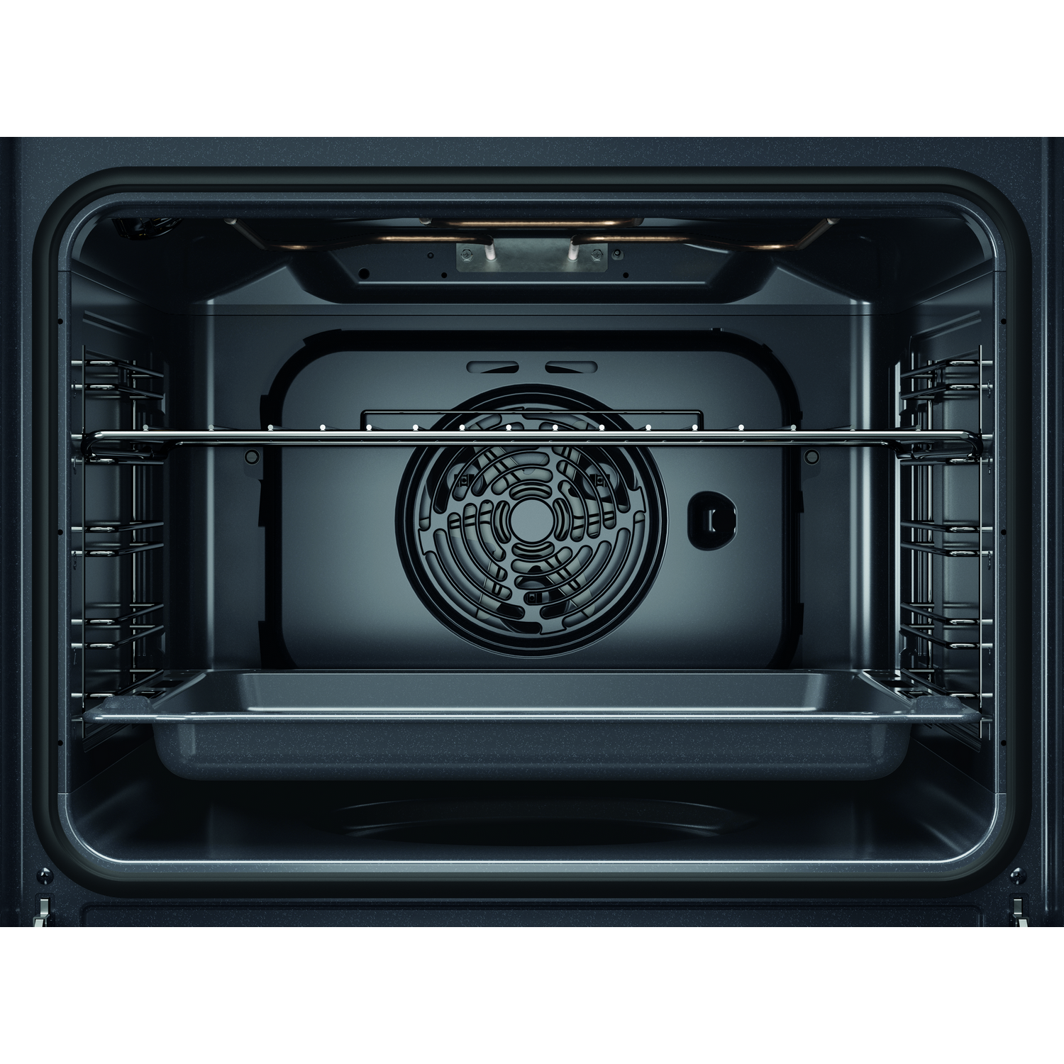 Oven interior. A dark oven with a fan and a tray. The interior is black and stainless steel.
