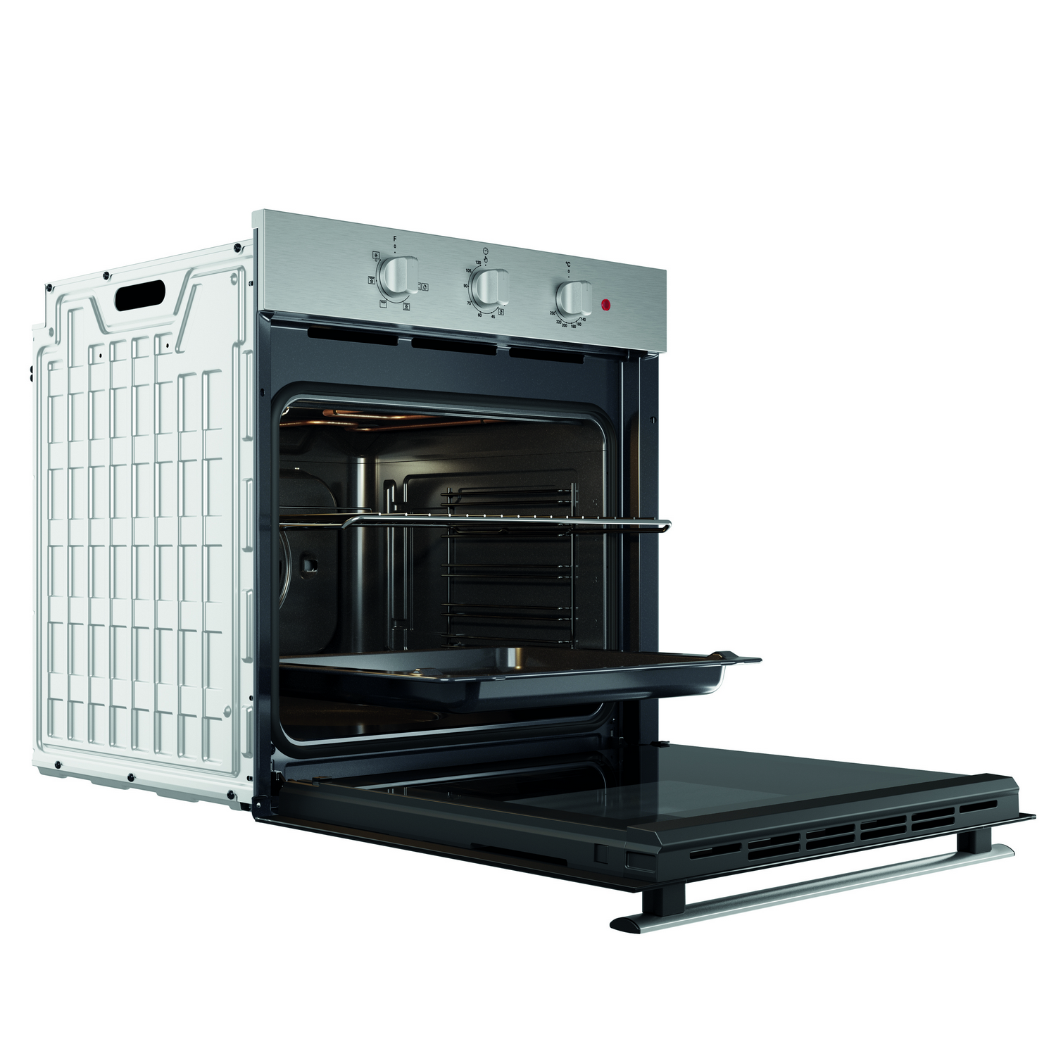 An oven with the door open, showing the interior and a tray extended.