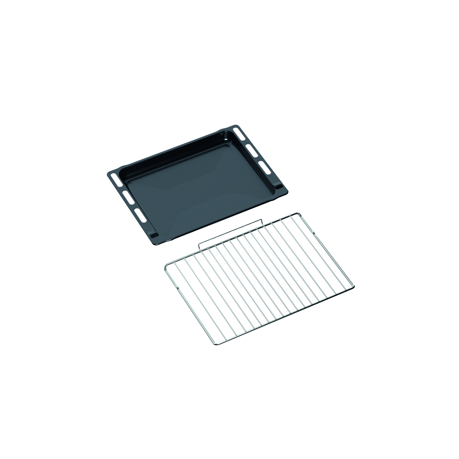 Black oven tray and rack on a white background, viewed from above. Suitable for cooking.