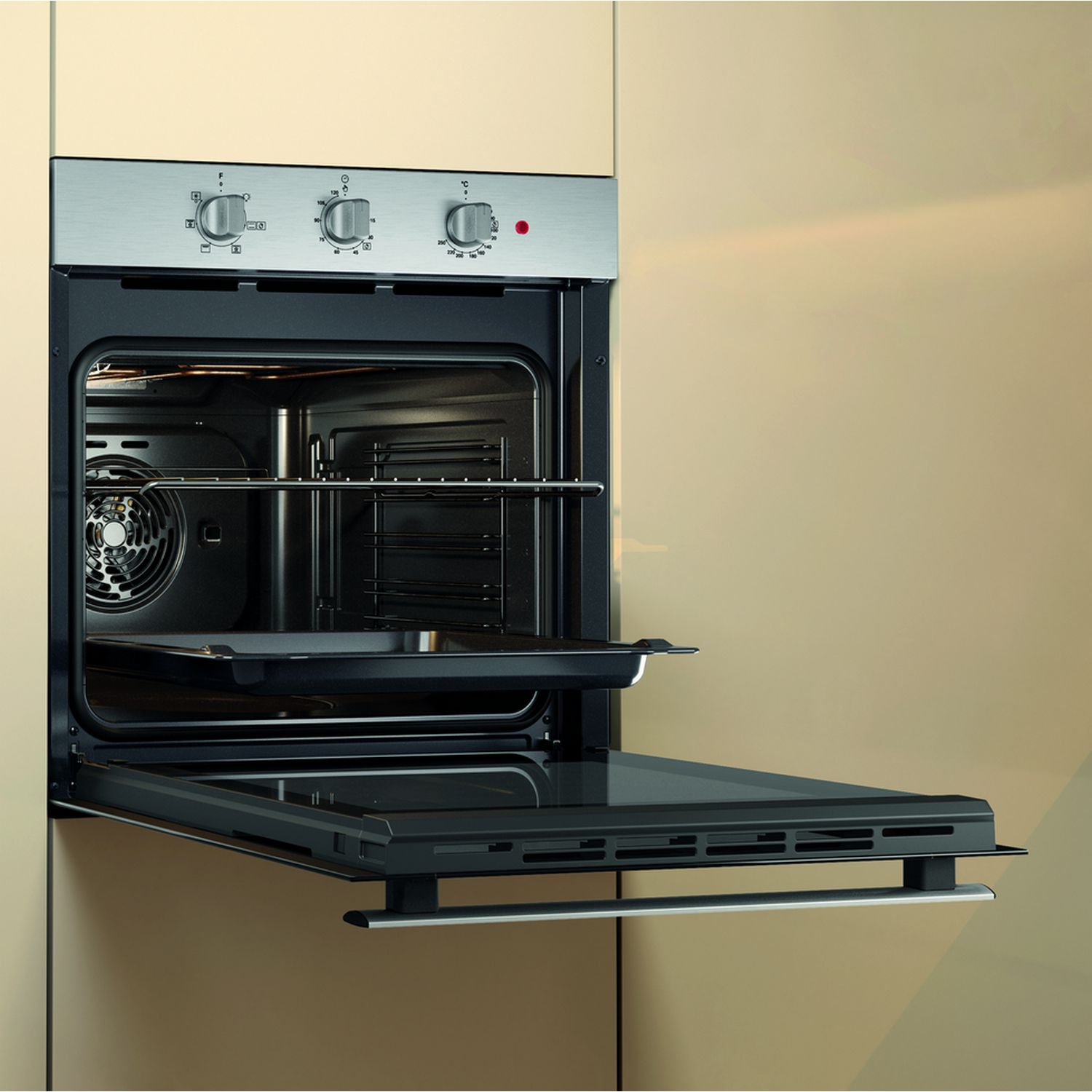 An oven with the door open, showing the interior with the oven rack.