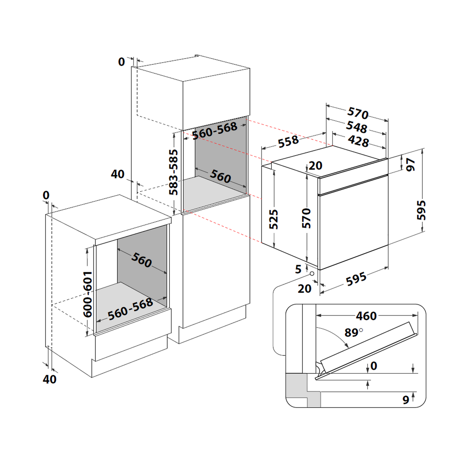 Diagram of built-in kitchen appliances. Shows dimensions for oven and microwave placement.