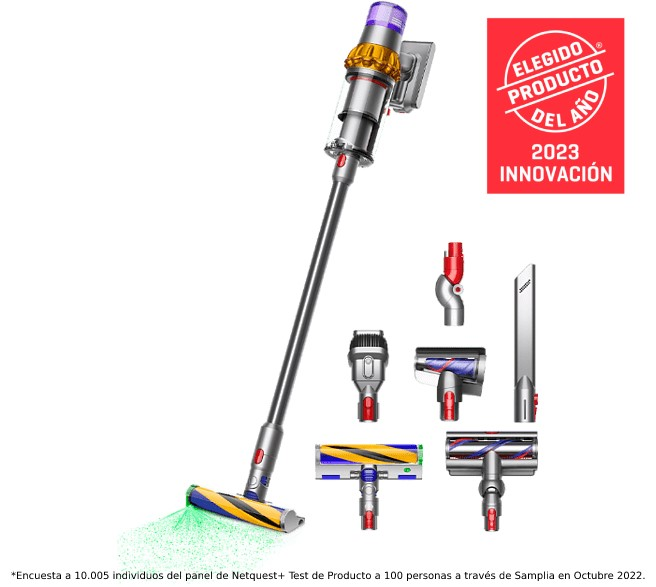 Aspiradora inalámbrica plateada y gris con accesorios y una insignia de premio.