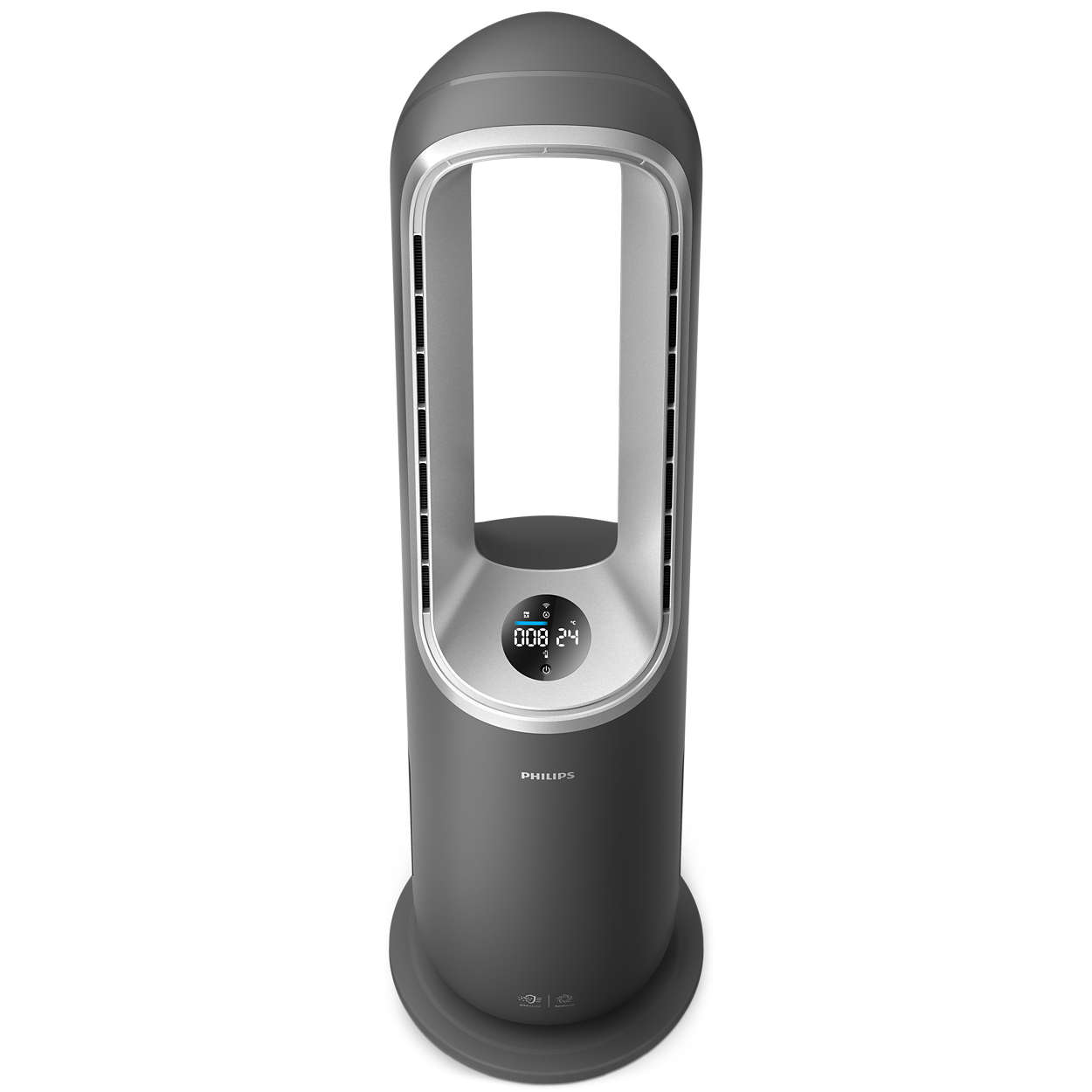 Magas szürke légtisztító digitális kijelzővel, Philips logóval és lekerekített alappal. Fehér háttér.
