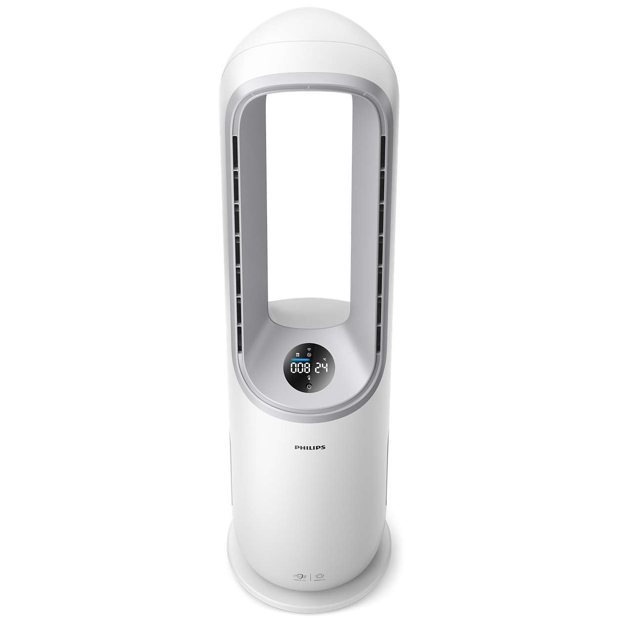Fehér légtisztító digitális kijelzővel és lekerekített alappal. Philips logó. Fehér háttér.