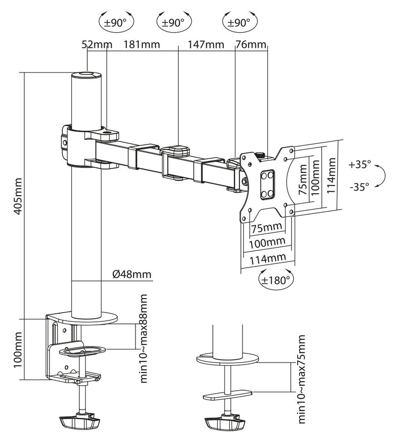 Egy monitor kar diagramja méretekkel és szögekkel, műszaki adatokkal és mérésekkel.