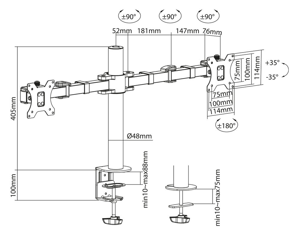 Fekete-fehér diagram a monitor karjáról méretekkel.