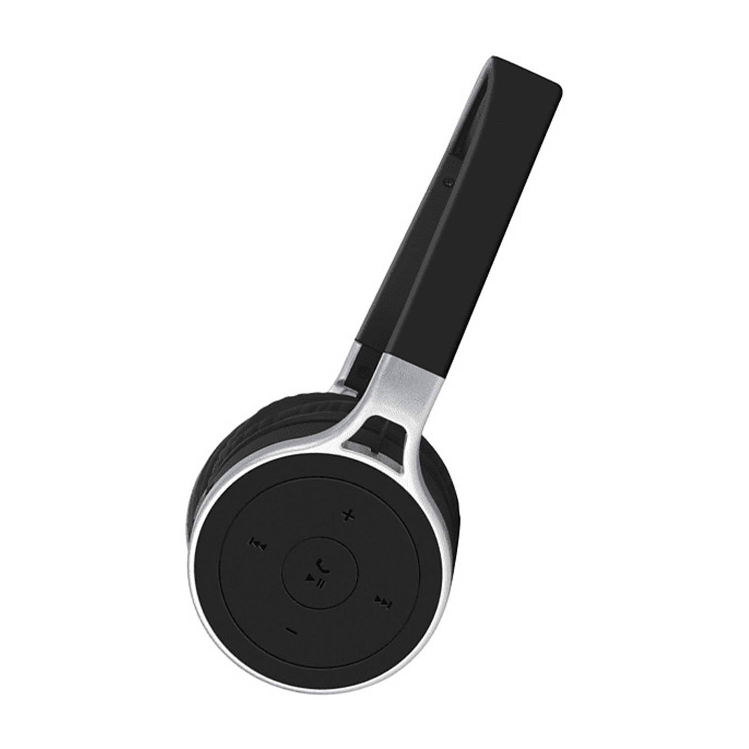 Cuffie wireless nere e argento, controlli visibili, su una superficie bianca.