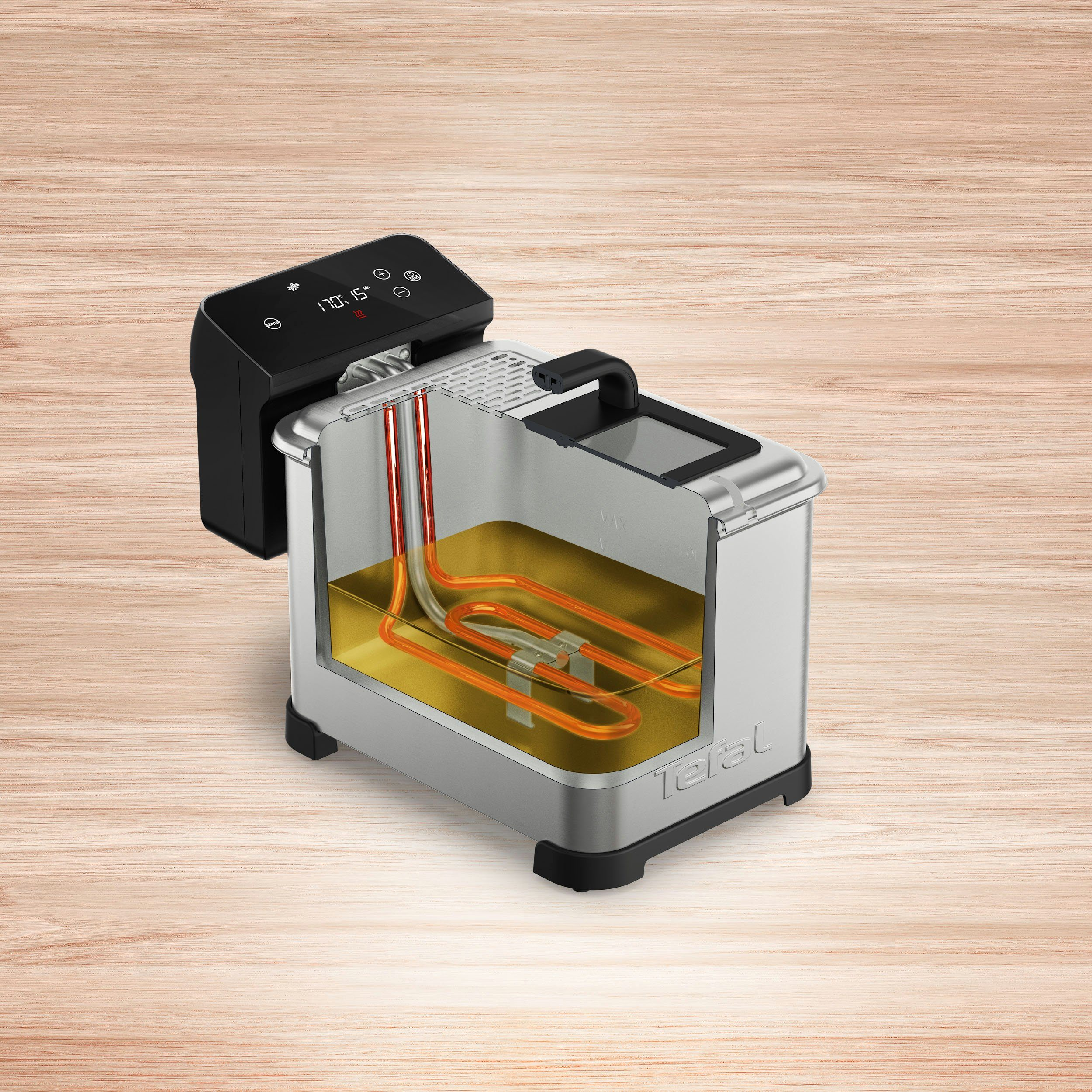Schnittansicht einer Tefal-Fritteuse mit Öl, Heizelementen und einem digitalen Bedienfeld.