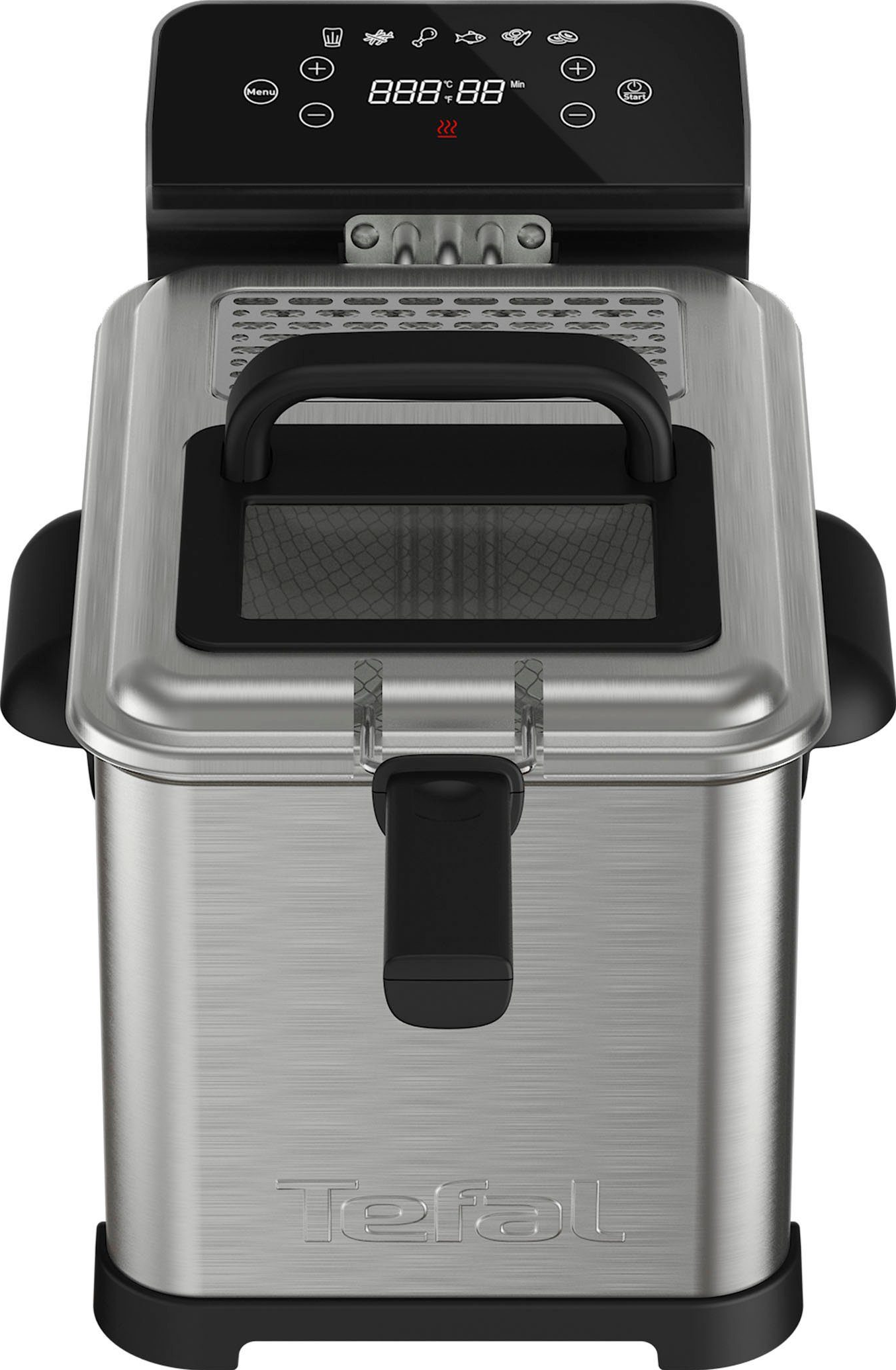 Draufsicht auf eine Edelstahl Tefal Fritteuse mit schwarzen Griffen und Digitalanzeige.