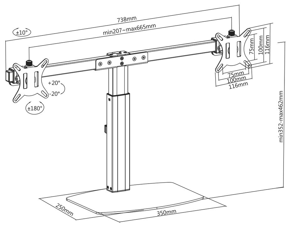 Monitorállvány diagramja, méretek mm-ben.