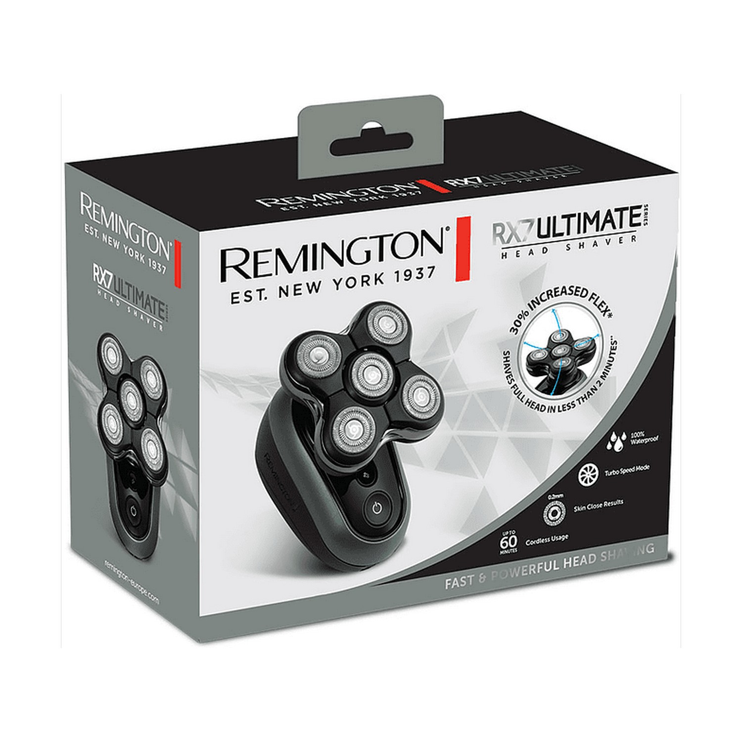 Remington RX7 Ultimate head shaver box. The shaver is shown with a black design and text.