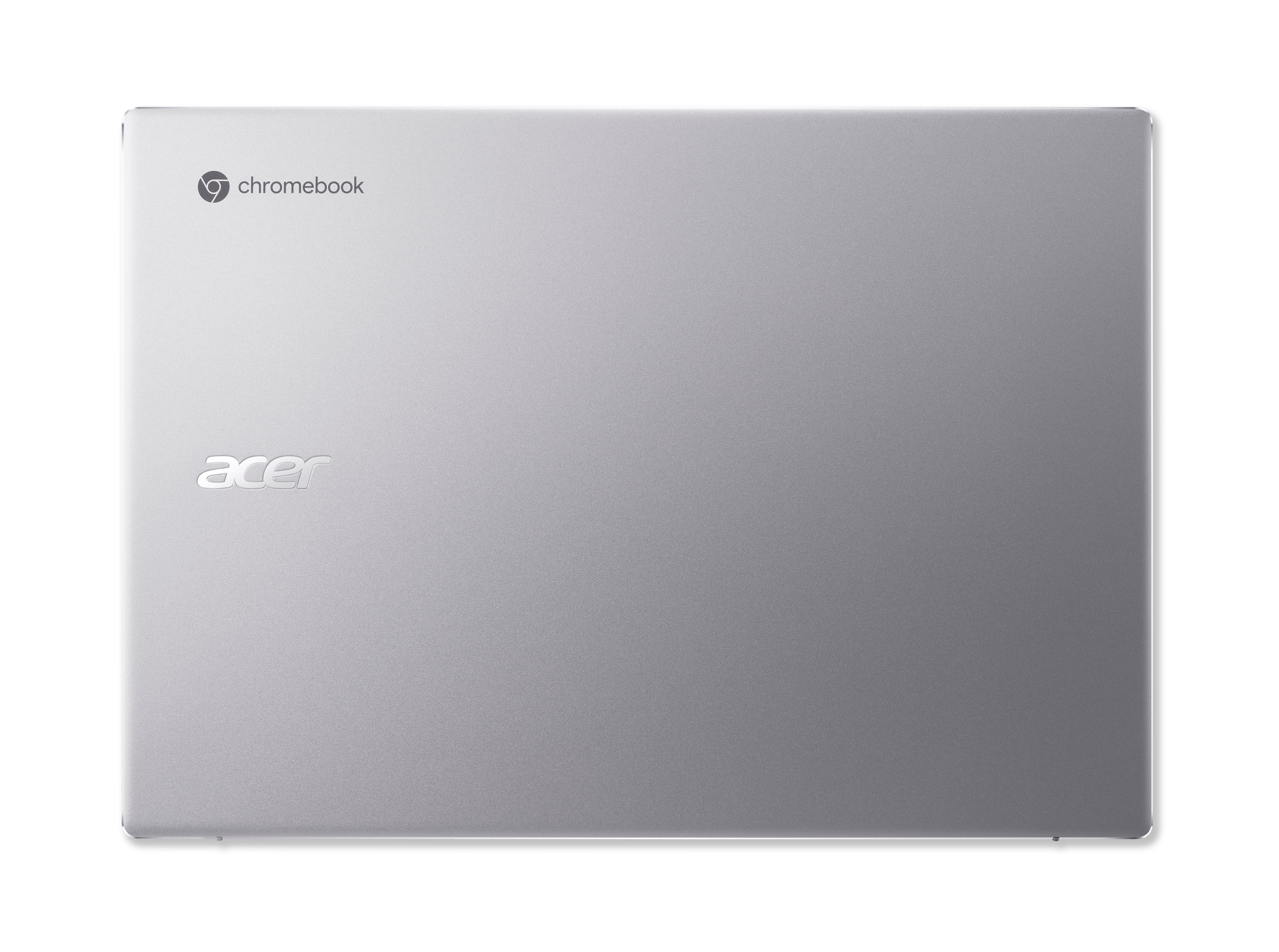 Die Rückseite eines silbernen Acer Chromebook-Laptops, mit den Logos Chromebook und Acer.