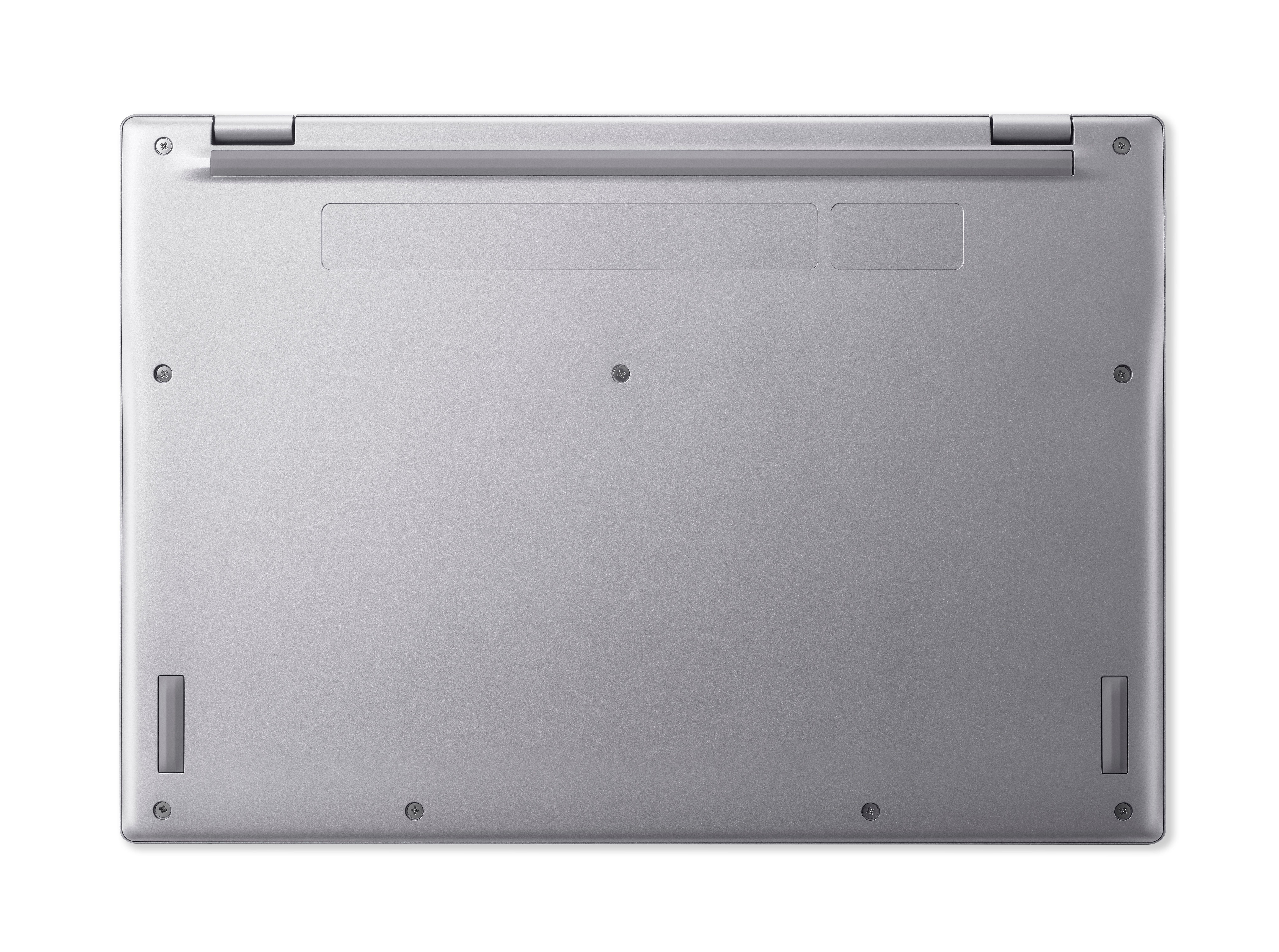 Unteransicht eines silbernen Laptops. Zeigt die Unterseite mit Schrauben, Lüftungsschlitzen und Gummifüßen.