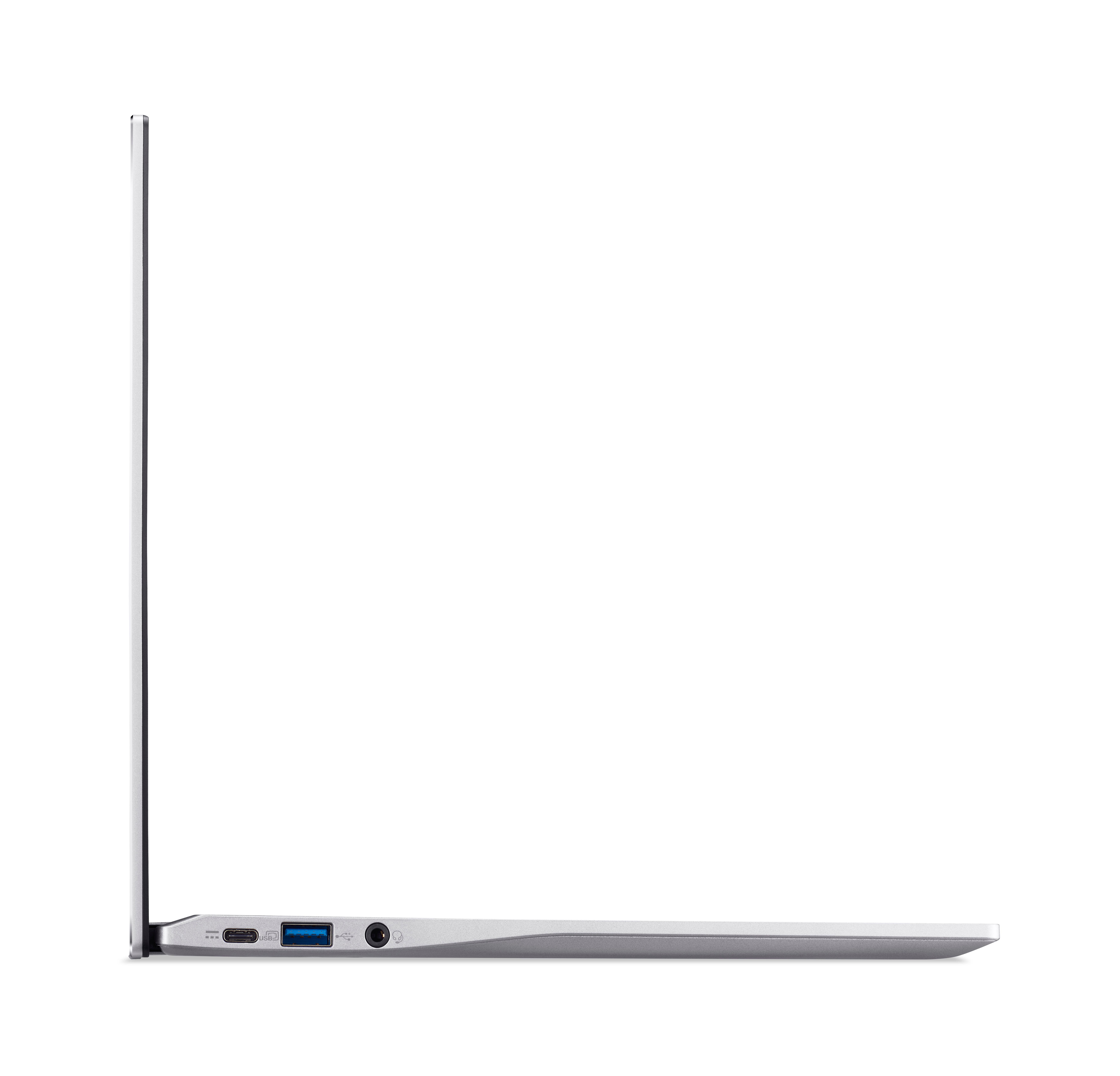 Seitenansicht eines dünnen, silbernen Acer-Laptops, die Anschlüsse und ein Scharnier zeigt.