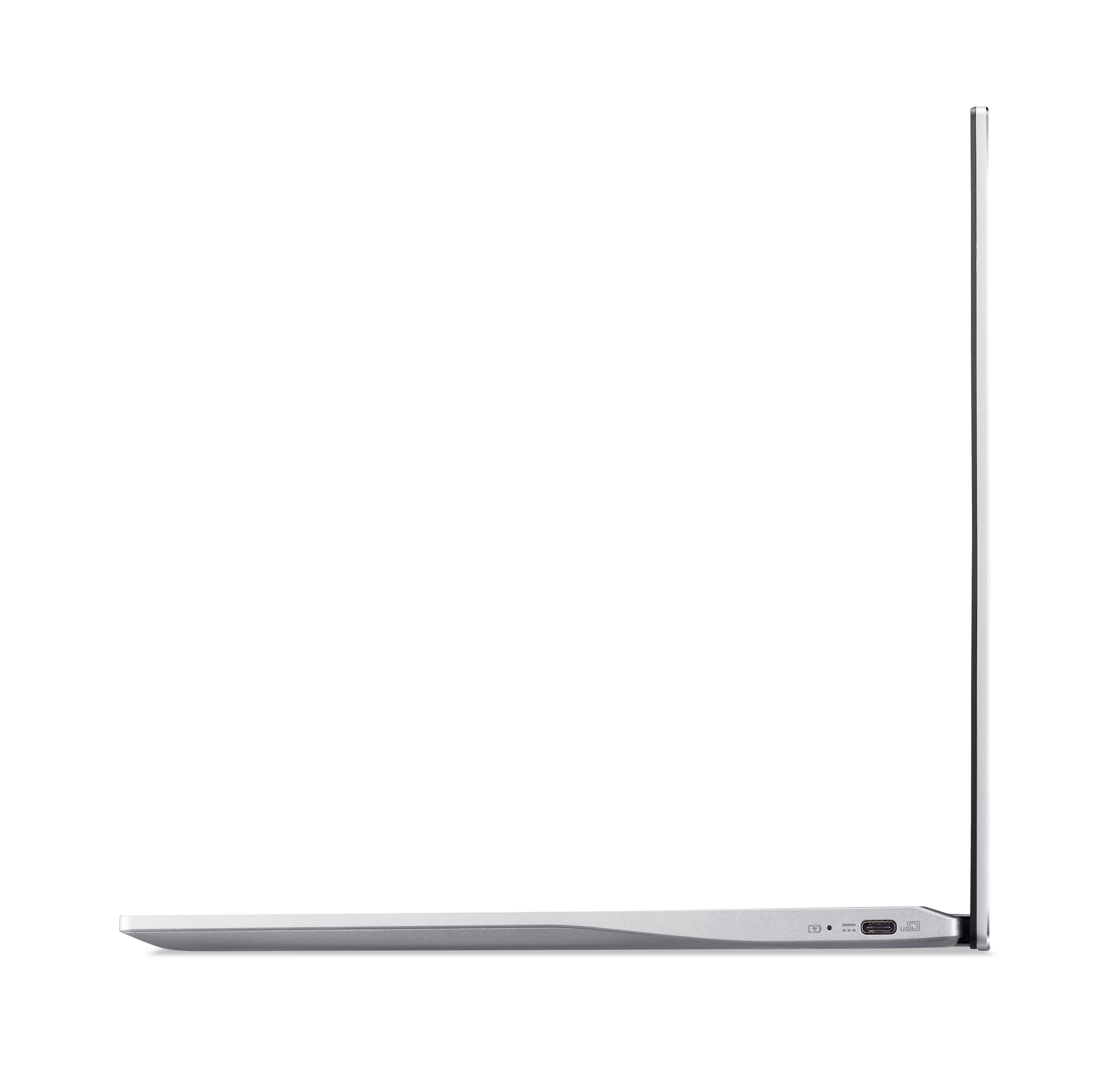 Seitenansicht eines Laptops in Silber. Der Laptop ist geschlossen.
