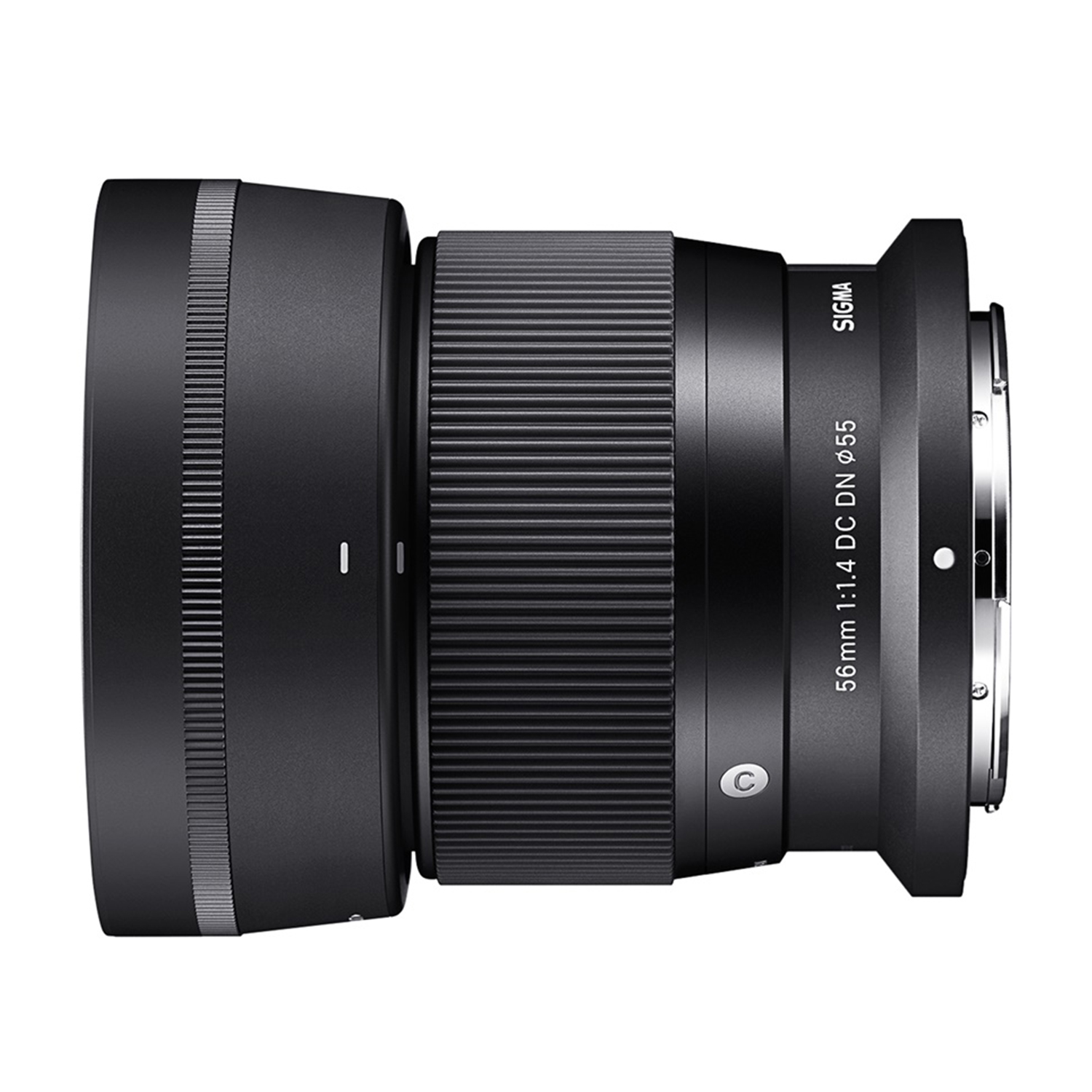 Obiettivo Sigma 56mm f/1.4 DC DN nero. L'obiettivo ha un design a coste ed è mostrato in un profilo laterale.