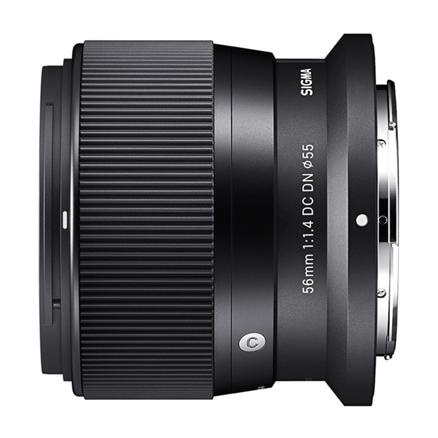 Obiettivo della fotocamera nero con testo. L'obiettivo ha un lato scanalato e un anello d'argento.