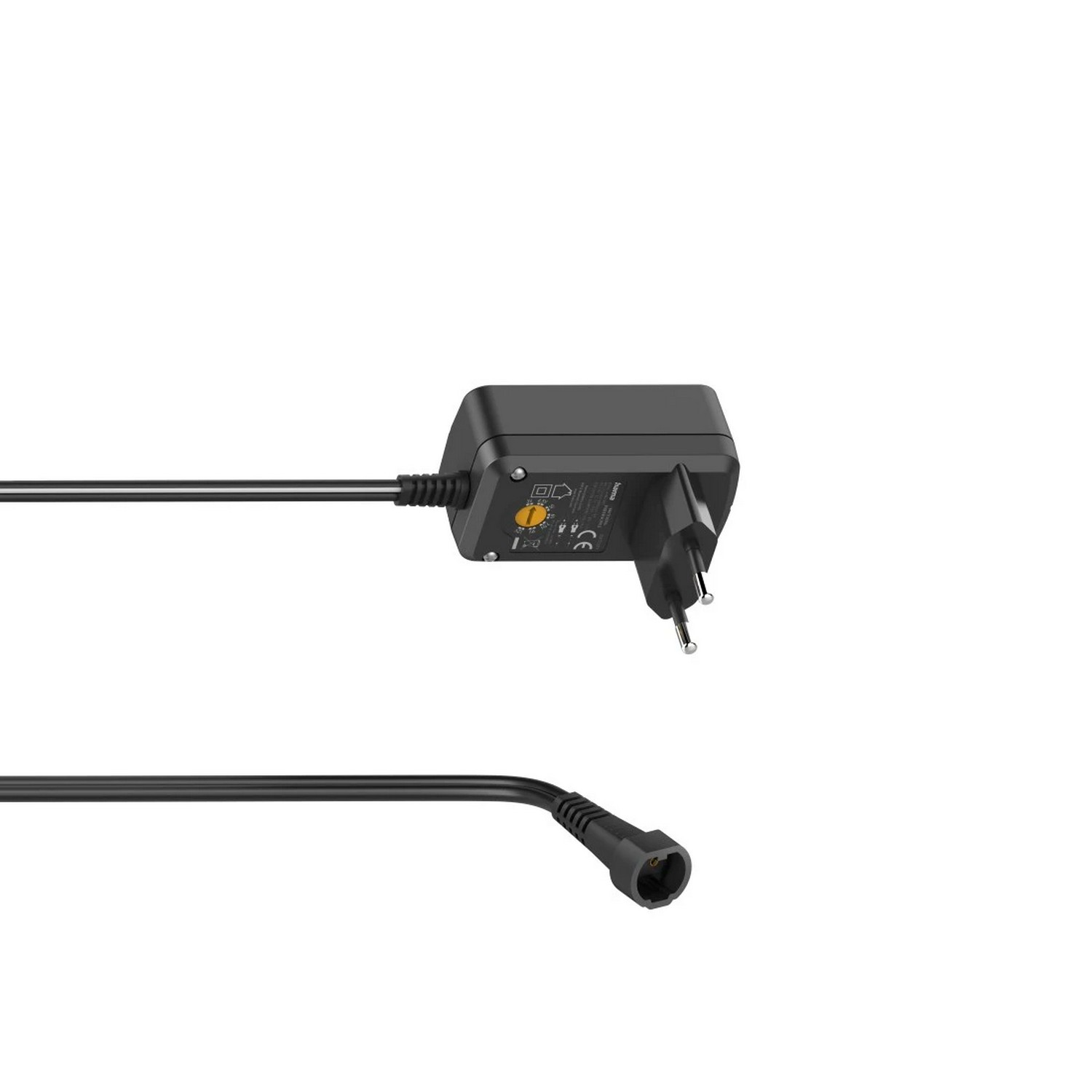 A black adapter with a power plug and a connector. The cord is black.