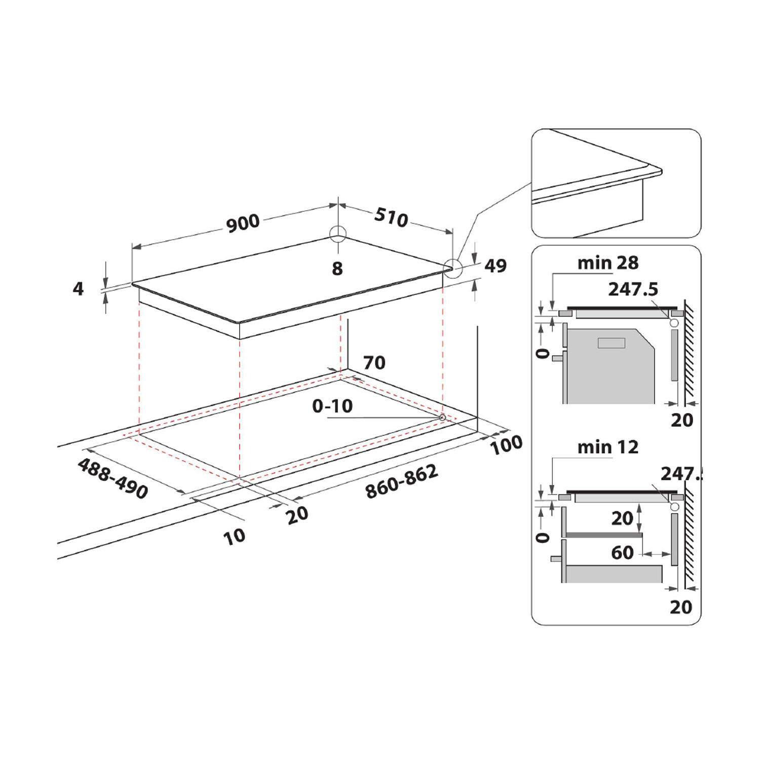 Diagramma di un piano cottura con dimensioni e misure per l'installazione, dettagli tecnici.