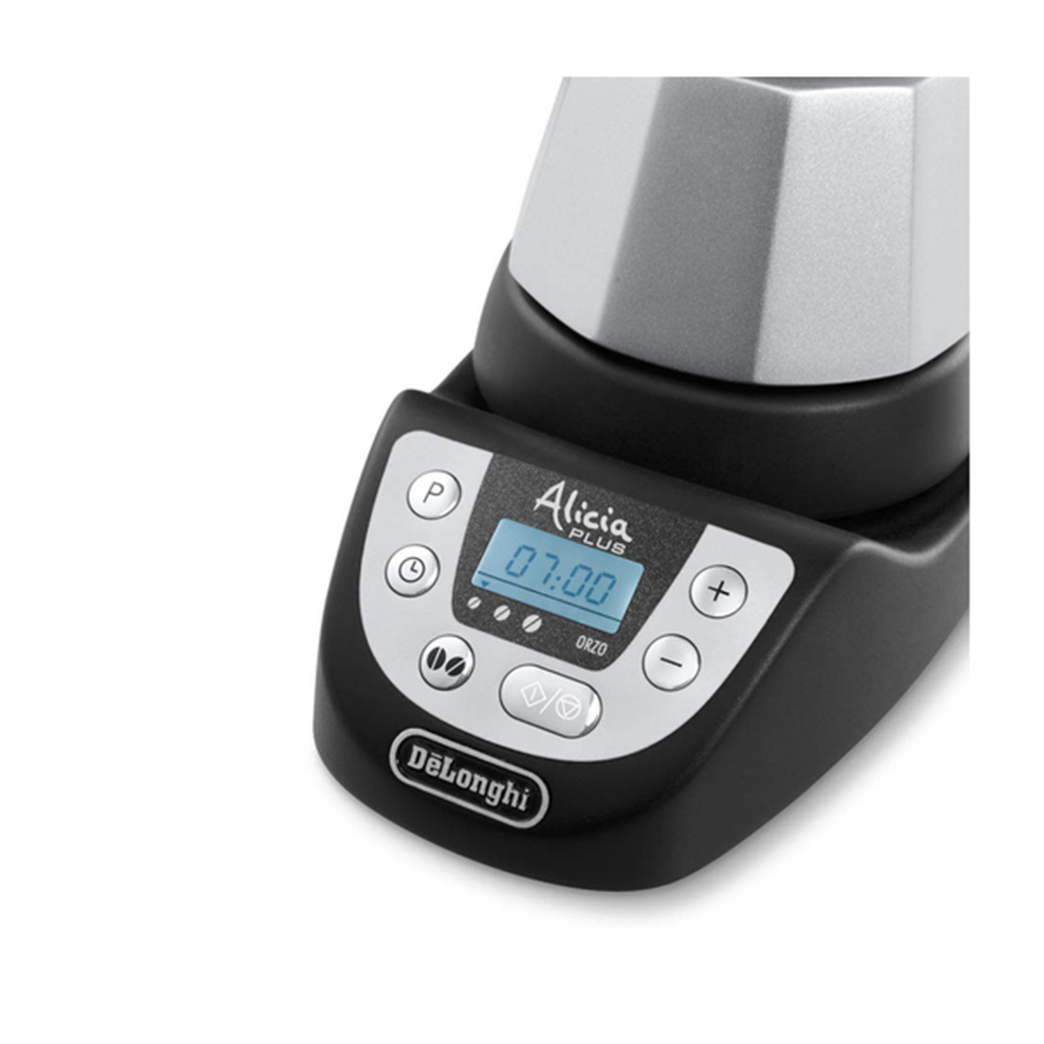 Macchina da caffè nera e argento con display digitale, sfondo bianco.