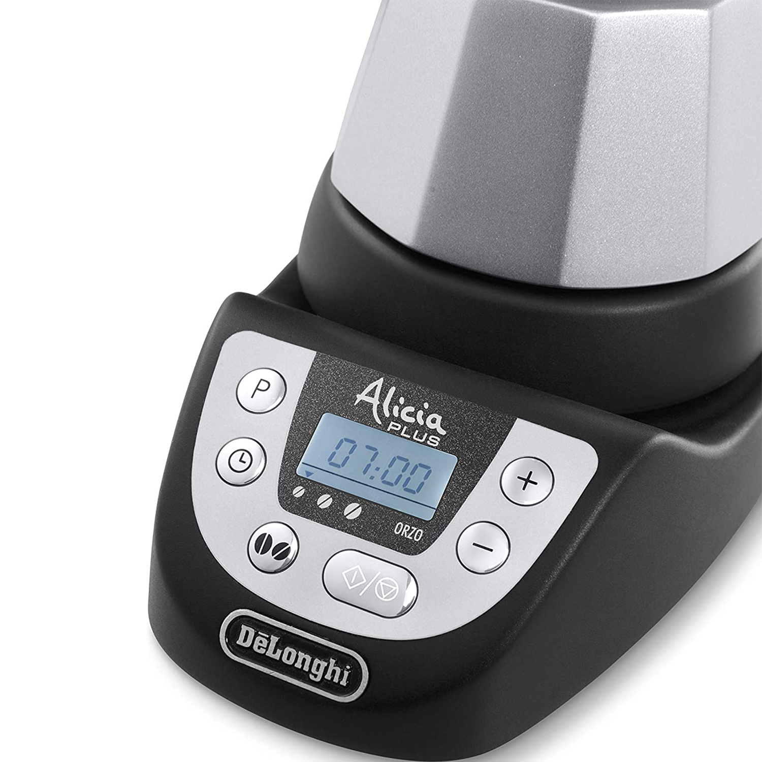 Macchina da caffè DeLonghi Alicia Plus, che mostra l'ora e i pulsanti di controllo.