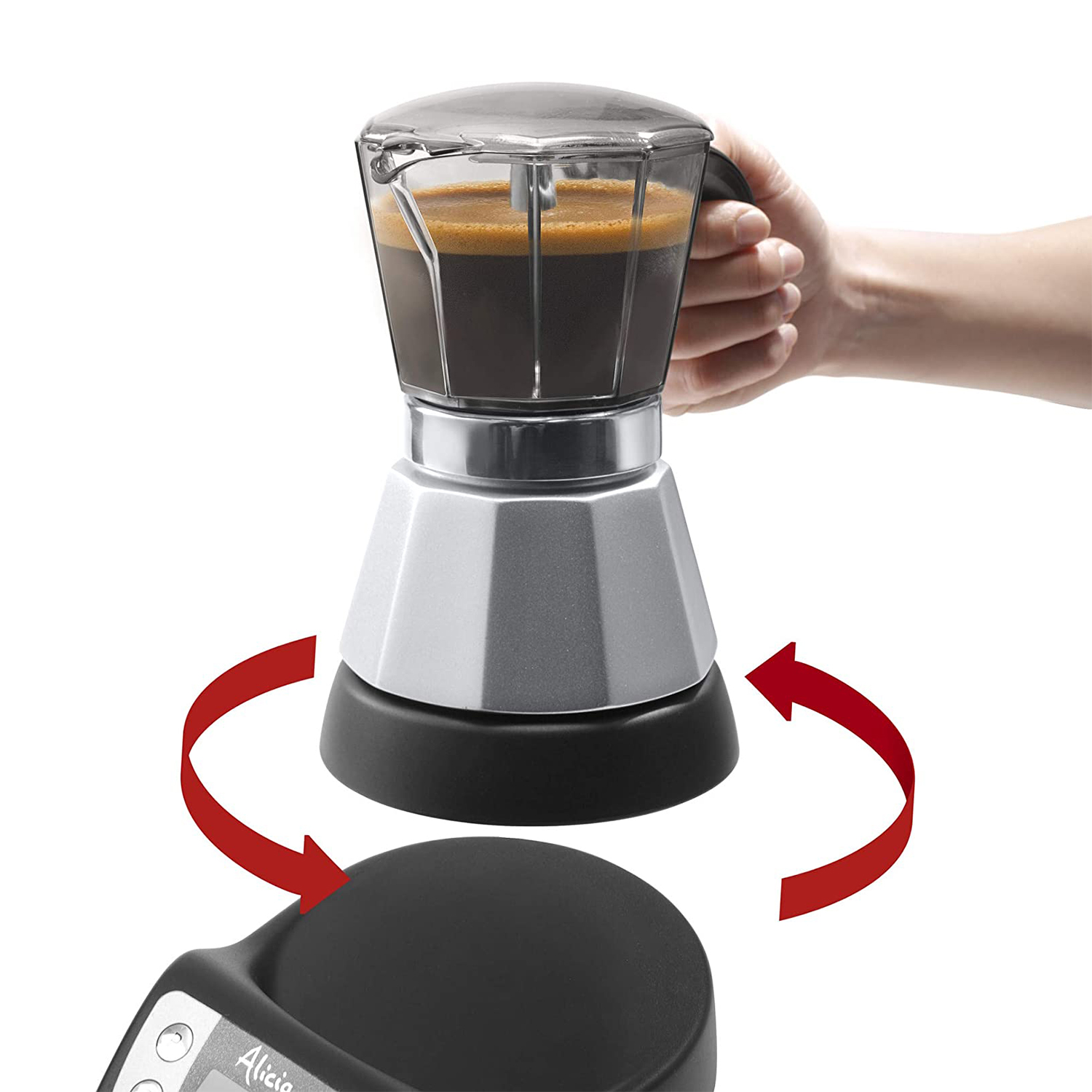 Una caffettiera con base rotante, che mostra il processo di preparazione.