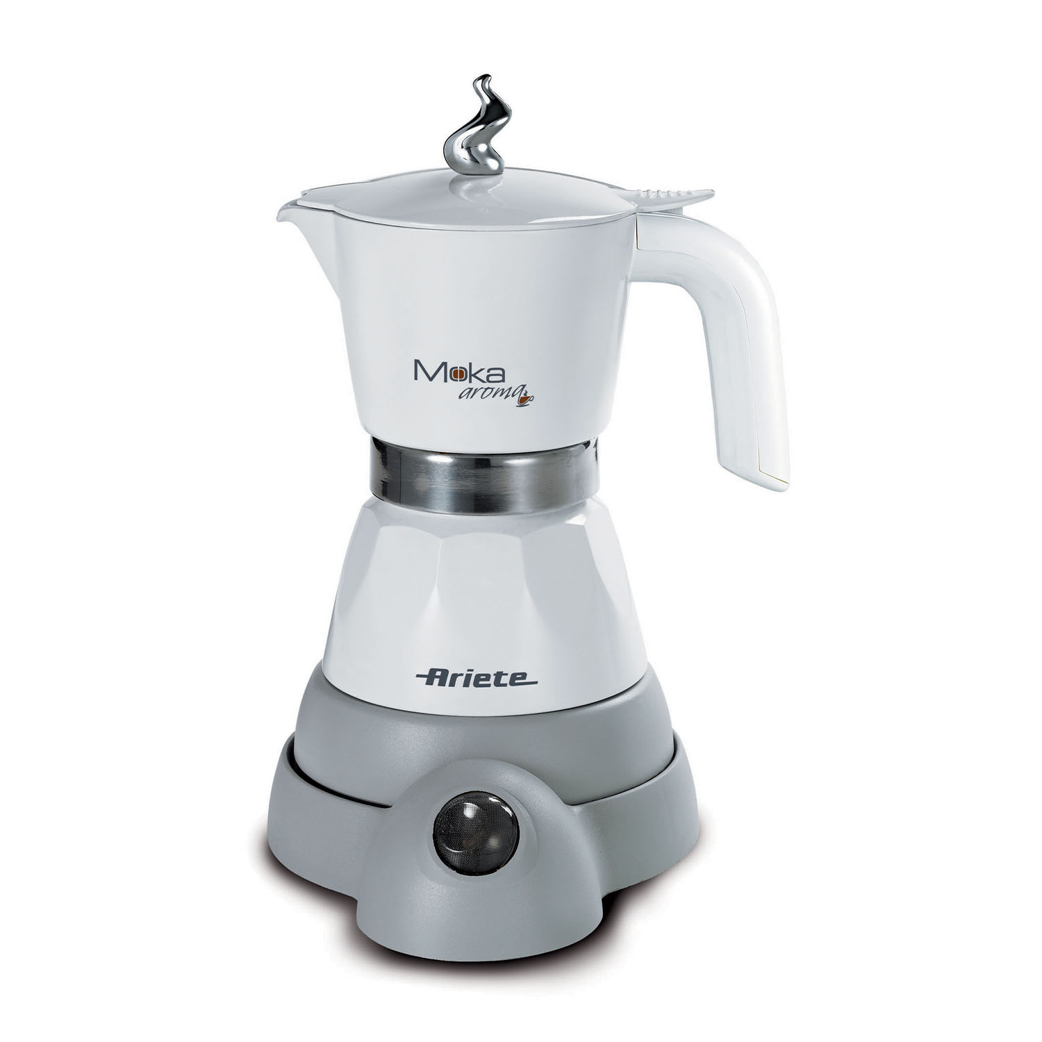 Macchina per caffè bianca e grigia con il marchio Ariete.