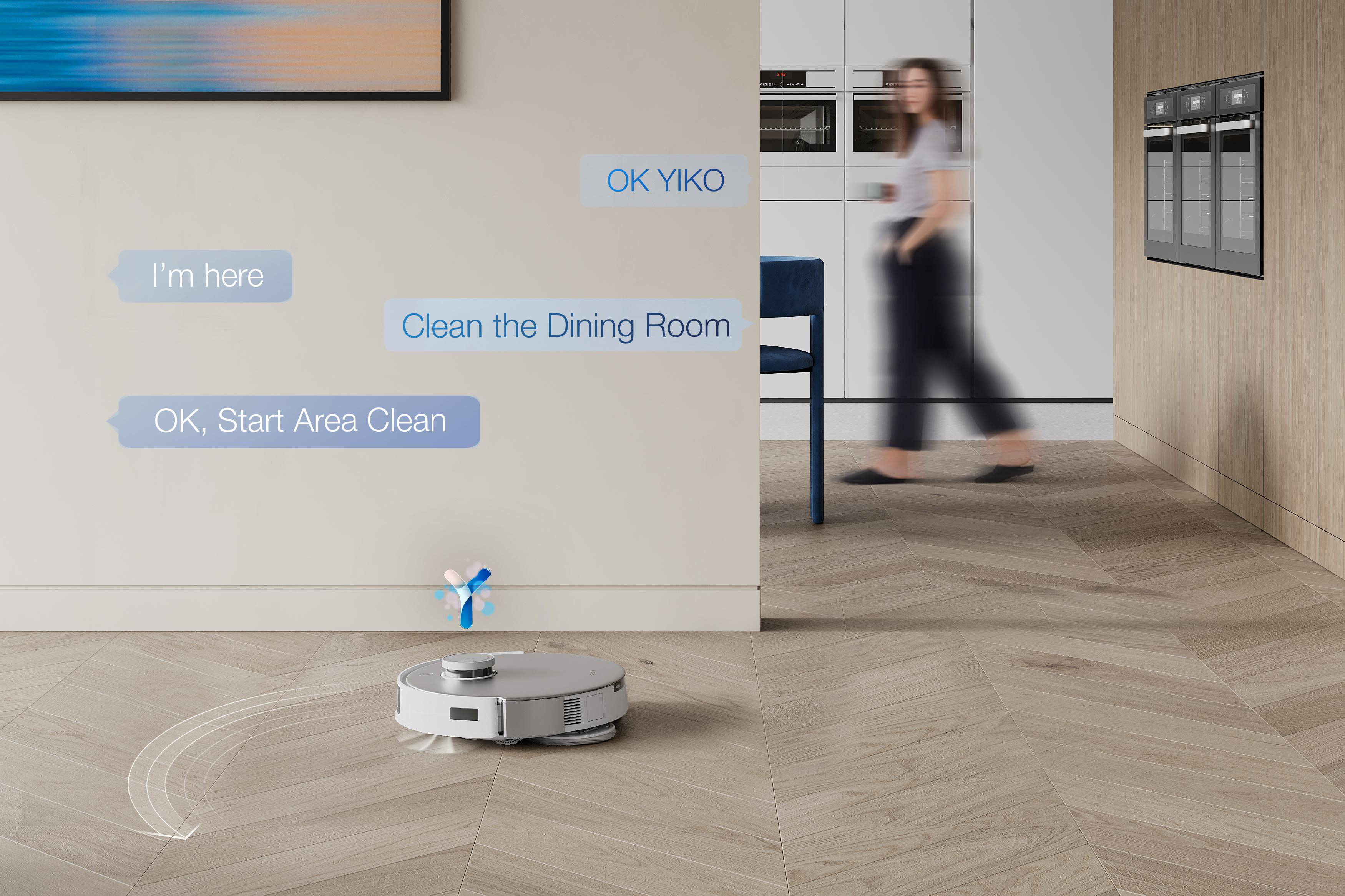 Roboter-Staubsauger reinigt einen Holzboden, mit Textblasen.