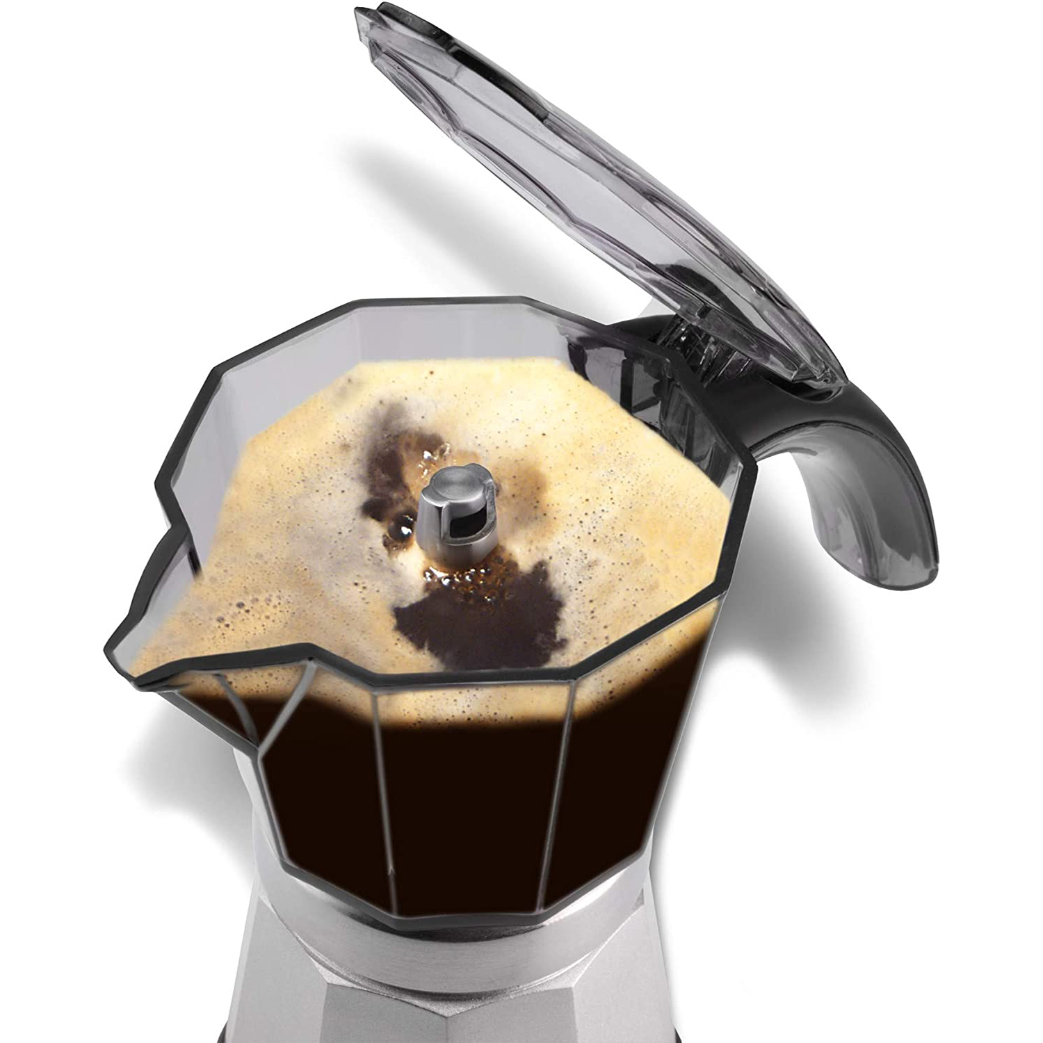 Caffettiera Moka con caffè, manico nero e coperchio aperto, su bianco.
