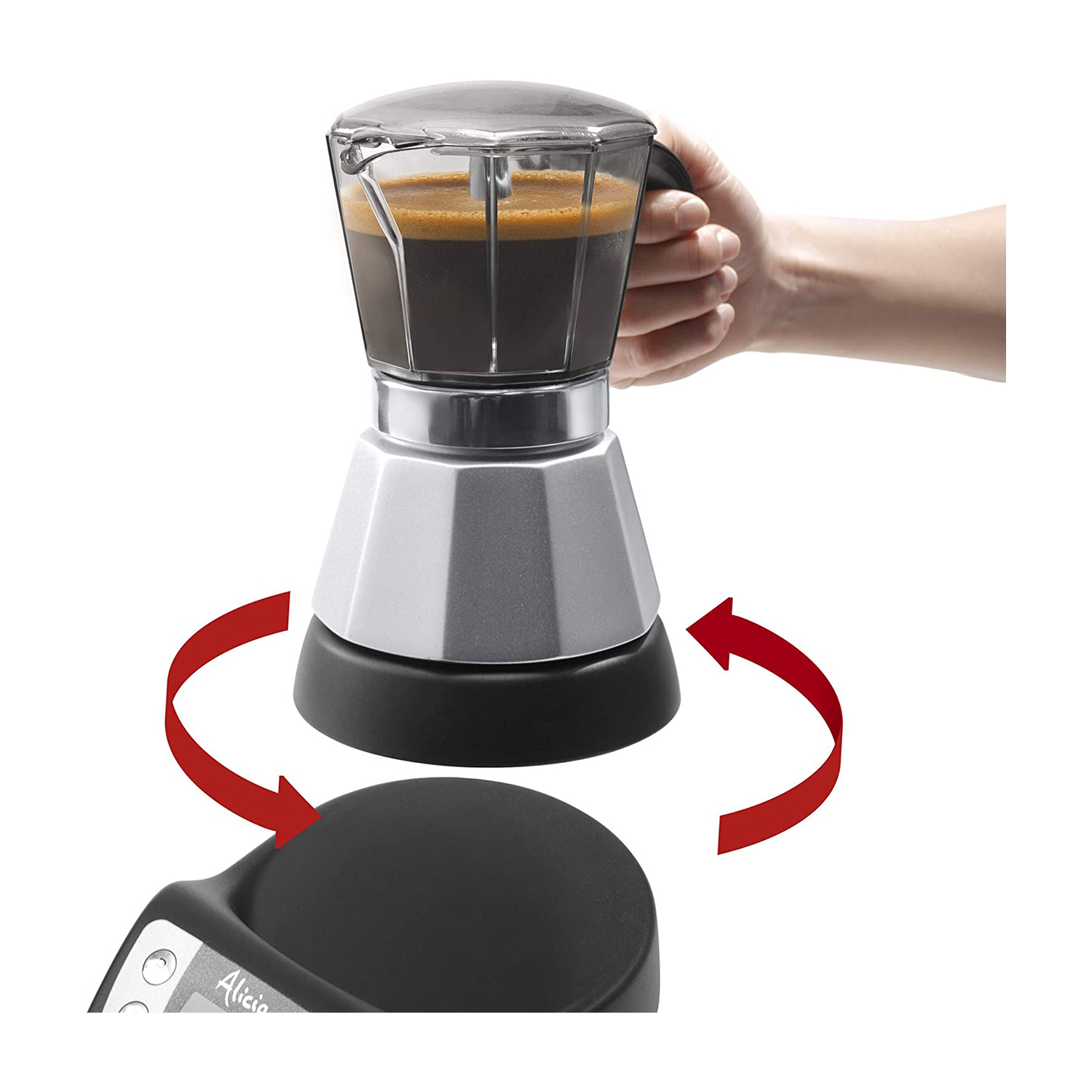 Una caffettiera con manico, con frecce rosse accanto.