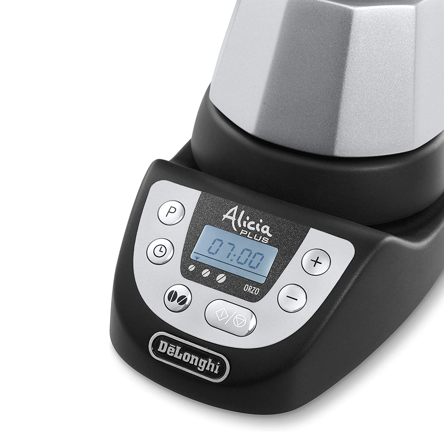 Caffettiera DeLonghi nera con display digitale che mostra le 07:00.