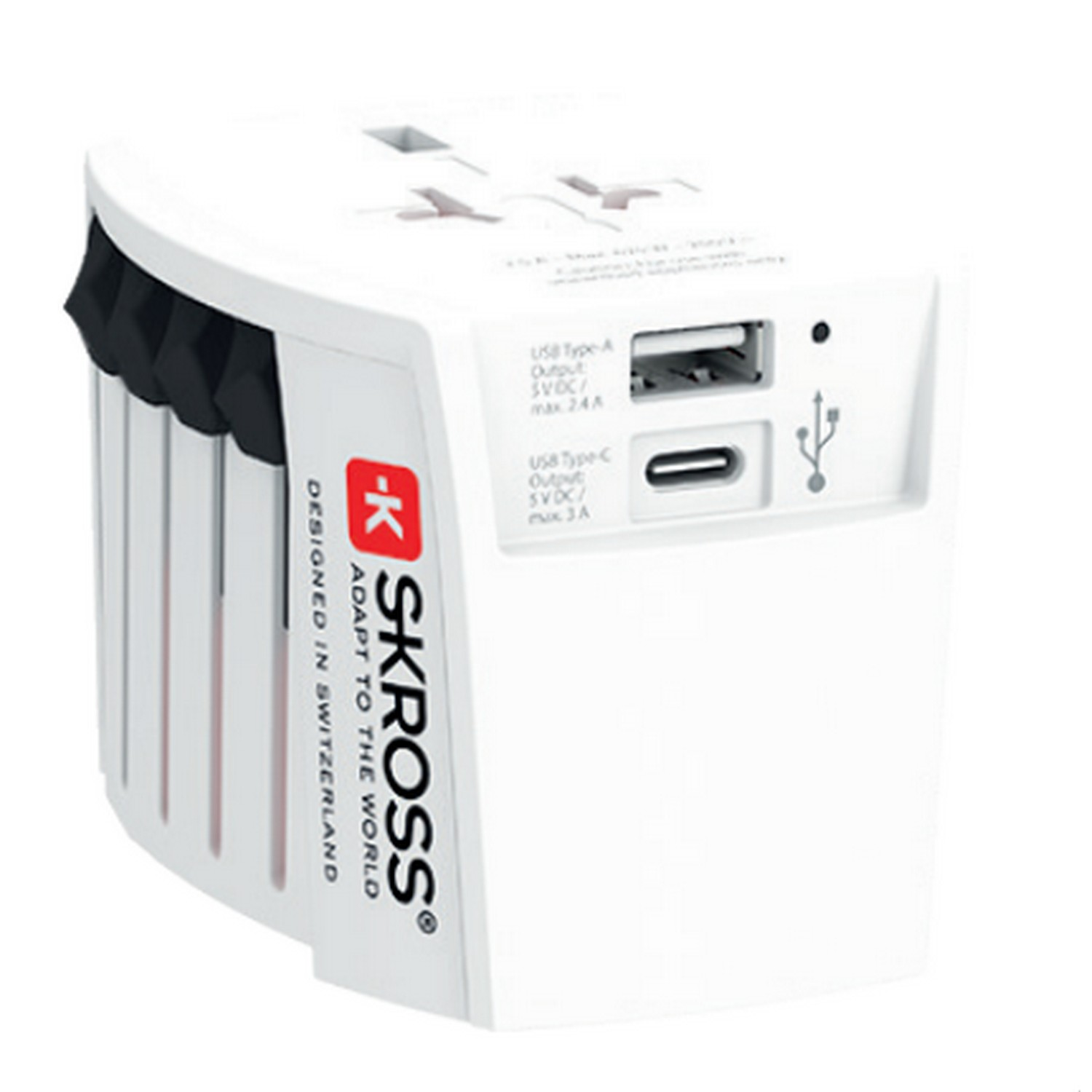 White travel adapter with USB-A and USB-C ports.