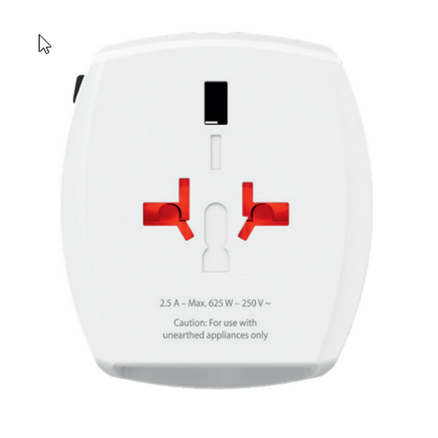 White travel adapter with red and black parts, text below. 