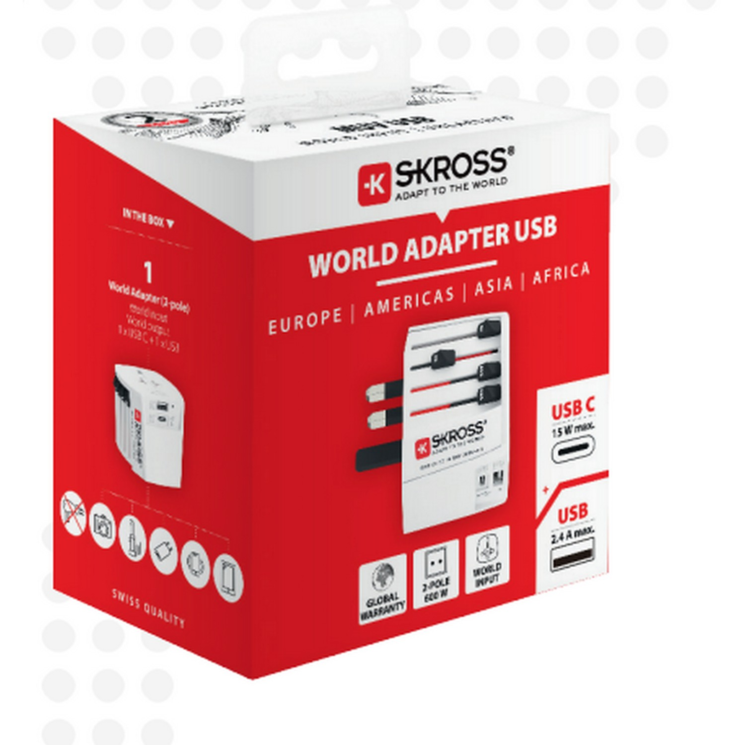 Boxed world adapter USB, white and red, with images of adapters and text.