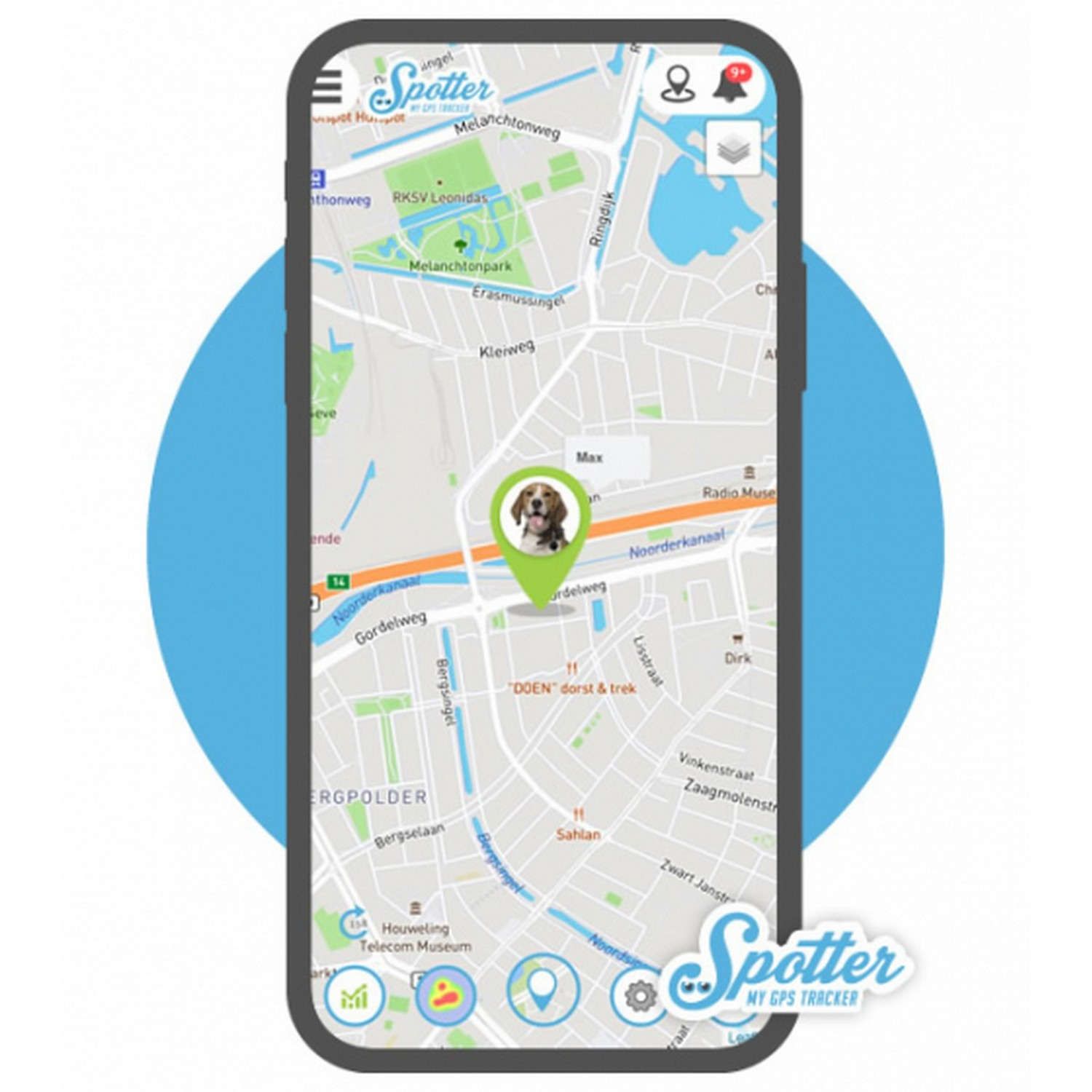 A smartphone displays a map with a dog icon, showing its location.