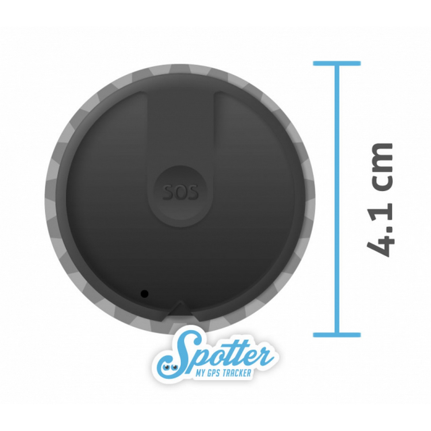 A gray, round Spotter GPS tracker with a text label and a size indicator.