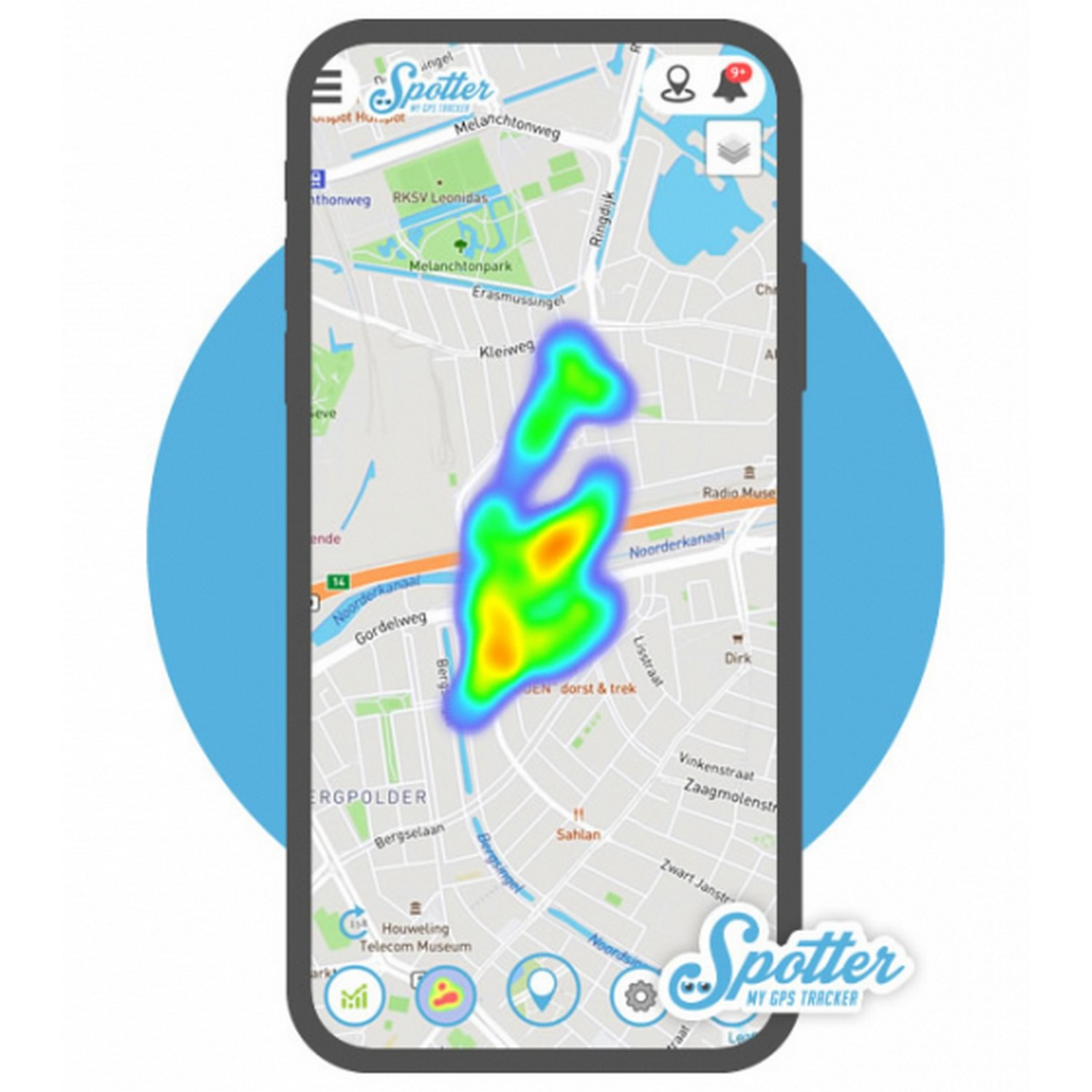 Smartphone screen showing a map with a heatmap. App name is 'Spotter'. Blue and green colors show the location.