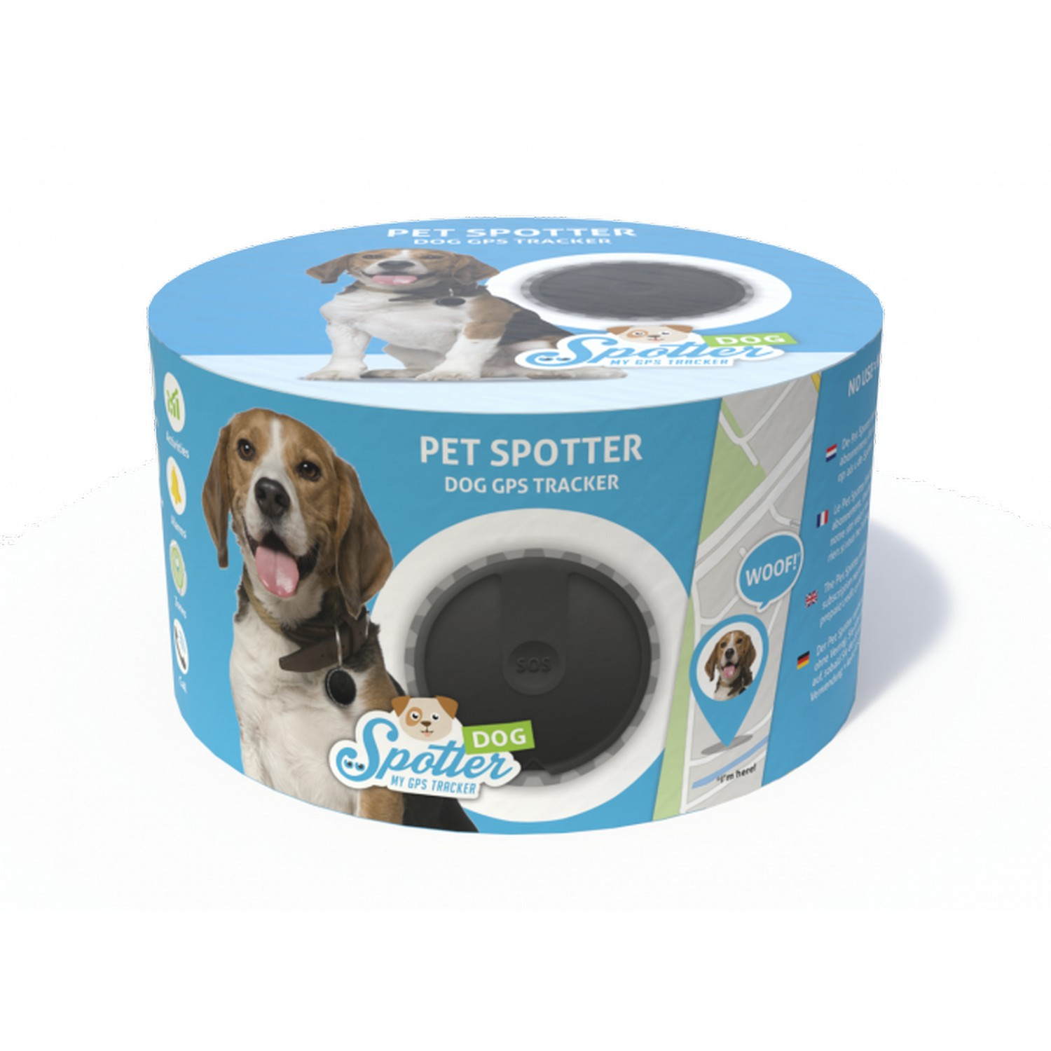 Pet Spotter GPS tracker box. Features images of dogs and a map with flags.