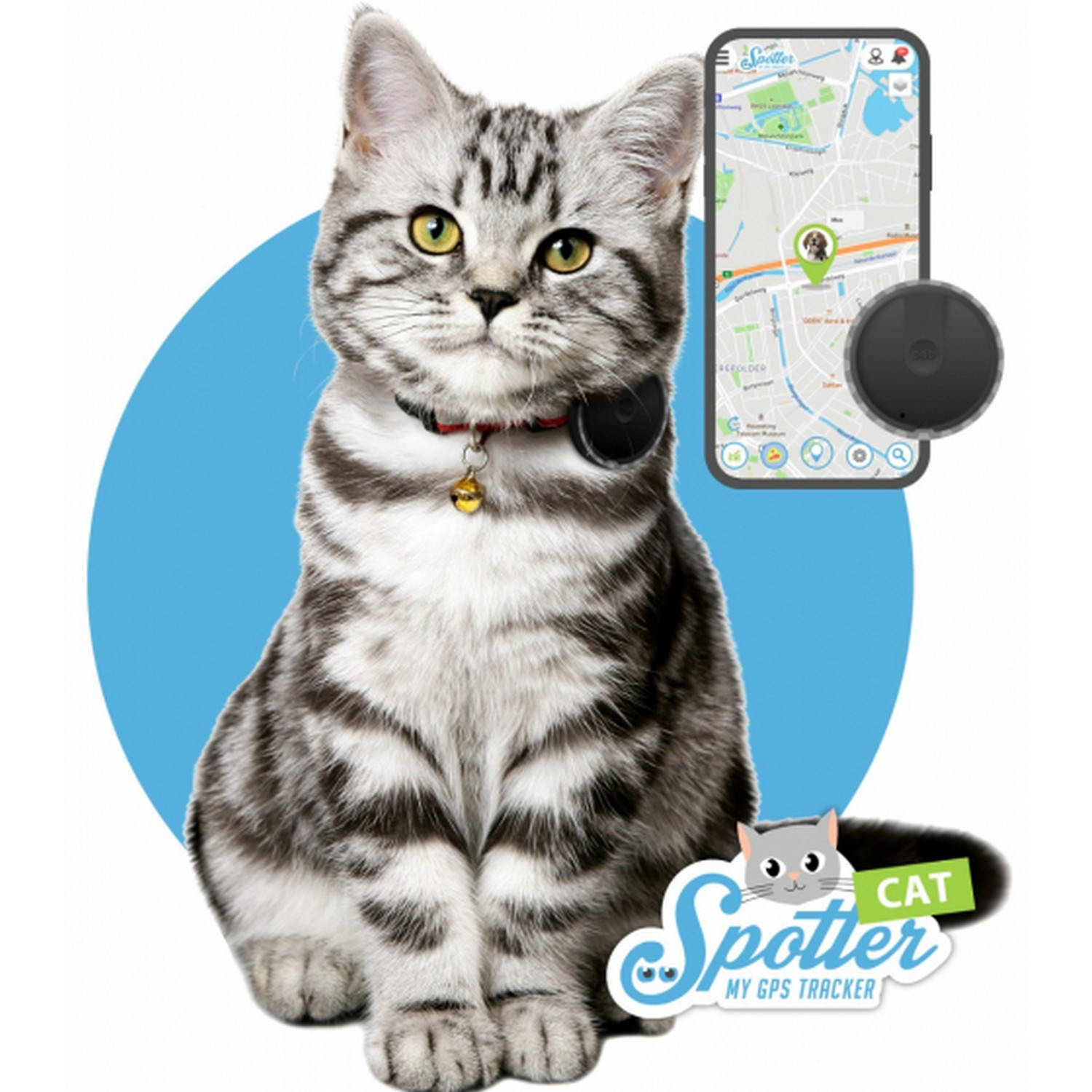 A cat wearing a collar with a GPS tracker, a phone showing a map, and a cat logo.