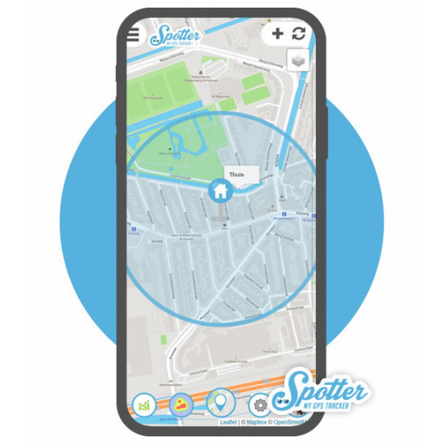 A smartphone displaying a map with a location pin labeled 'Thuis' inside a blue circle.