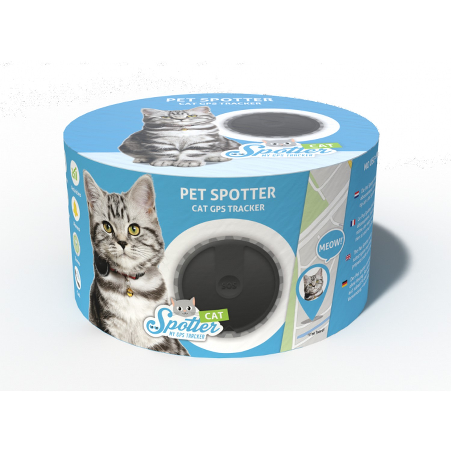 A cat GPS tracker in a cylindrical box with a cat illustration.