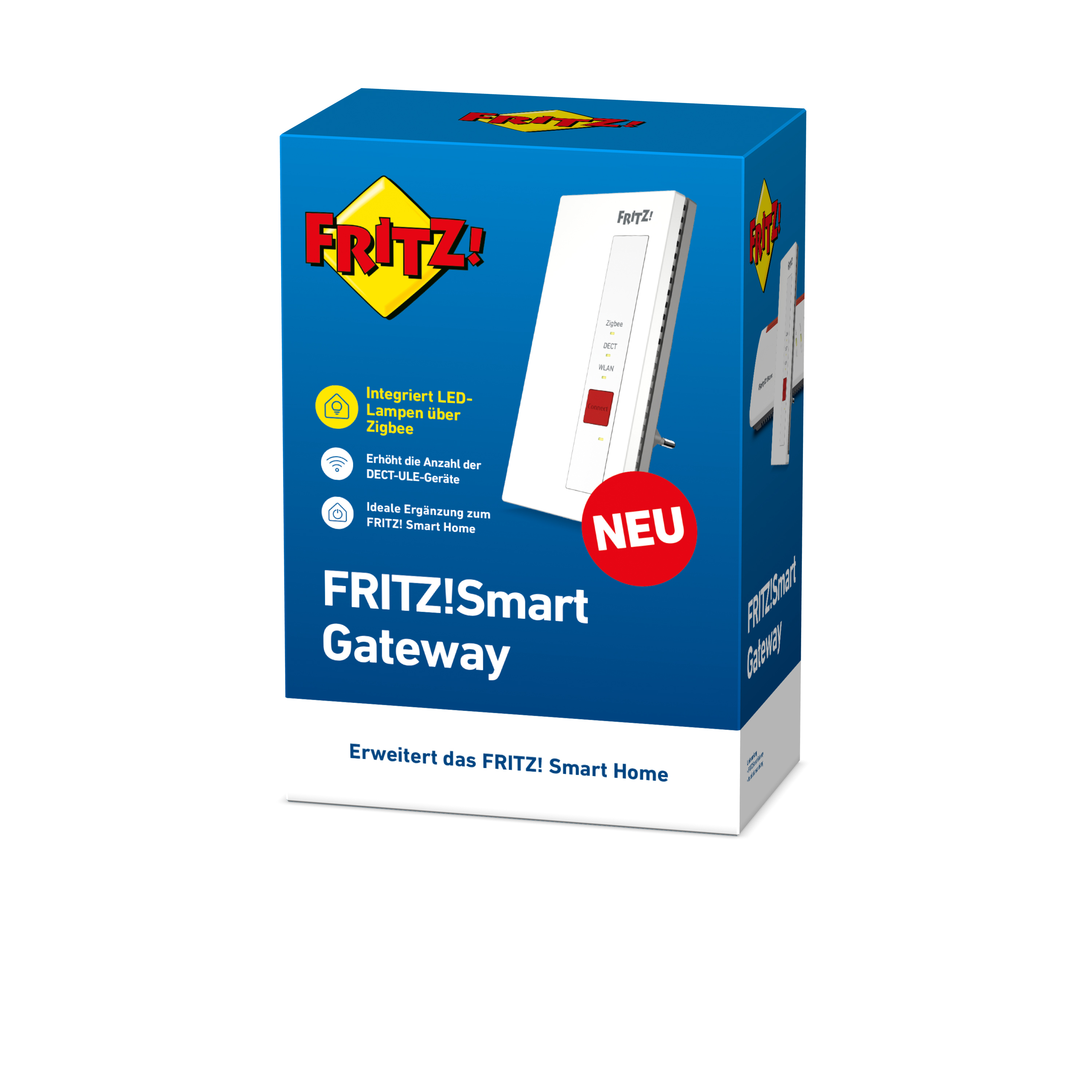 Box von FRITZ!Smart Gateway mit Produktinformationen und einem roten 'NEU'-Aufkleber.
