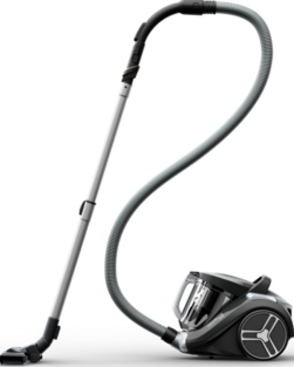 Aspirateur sur une surface blanche. Gris et noir avec un long tuyau et une tête de nettoyage.