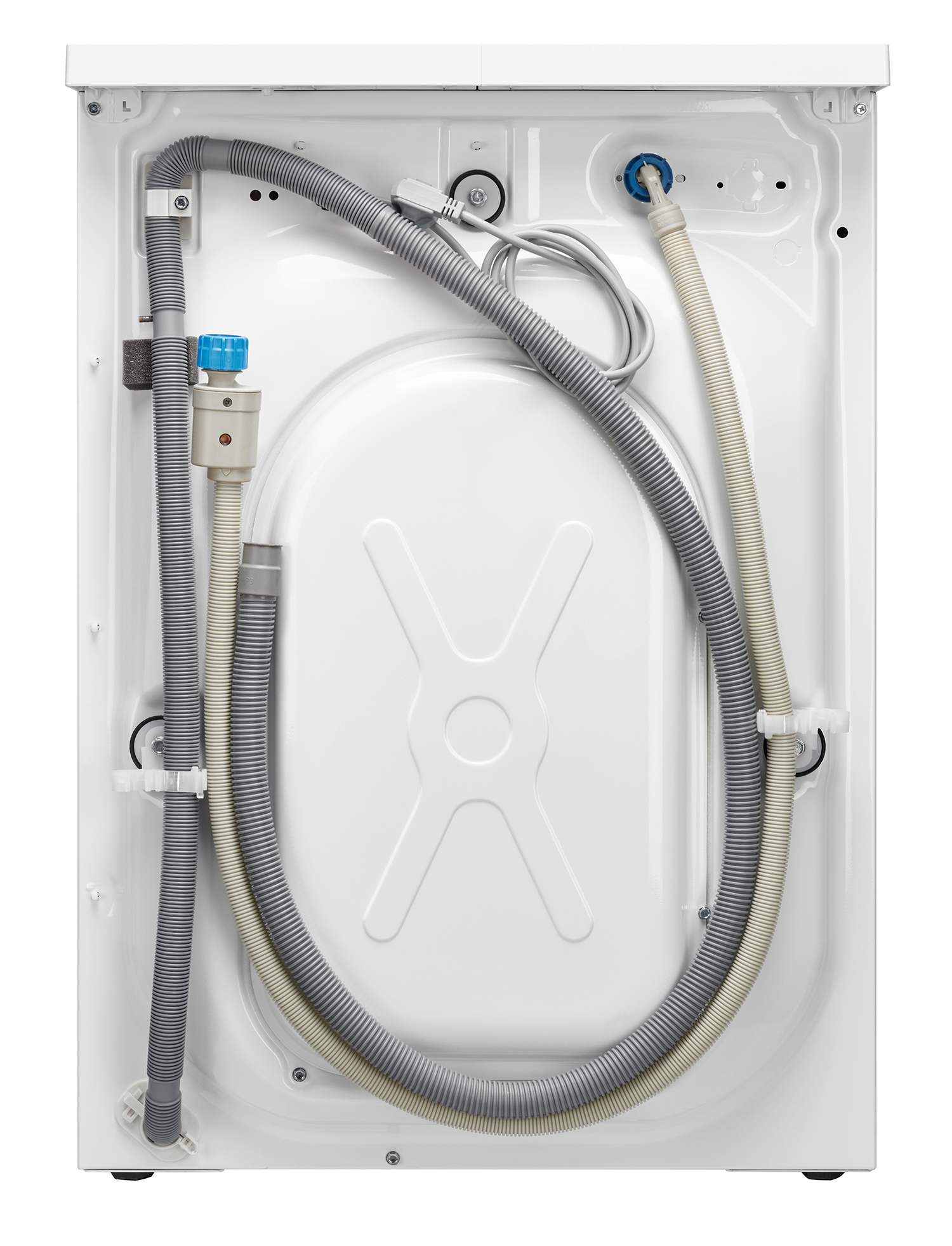 Back of a white washing machine with hoses and components visible.