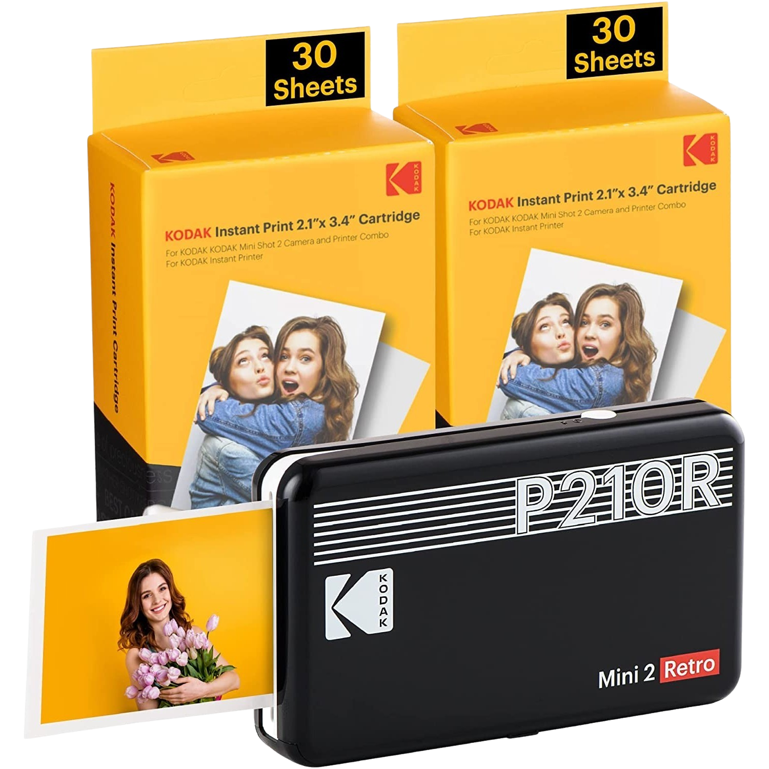 KODAK Imprimante photo portable Mini 2 Retro Noir + Lot de 60 papiers photo (P210RB60) Imprimante photo