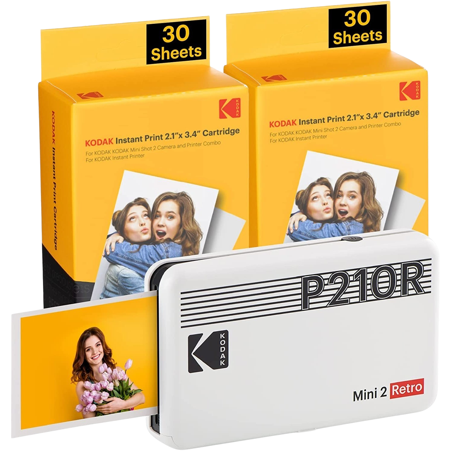 KODAK Draagbare fotoprinter Mini 2 Retro Wit + Pak van 60 fotopapieren (P210RW60) Fotoprinter