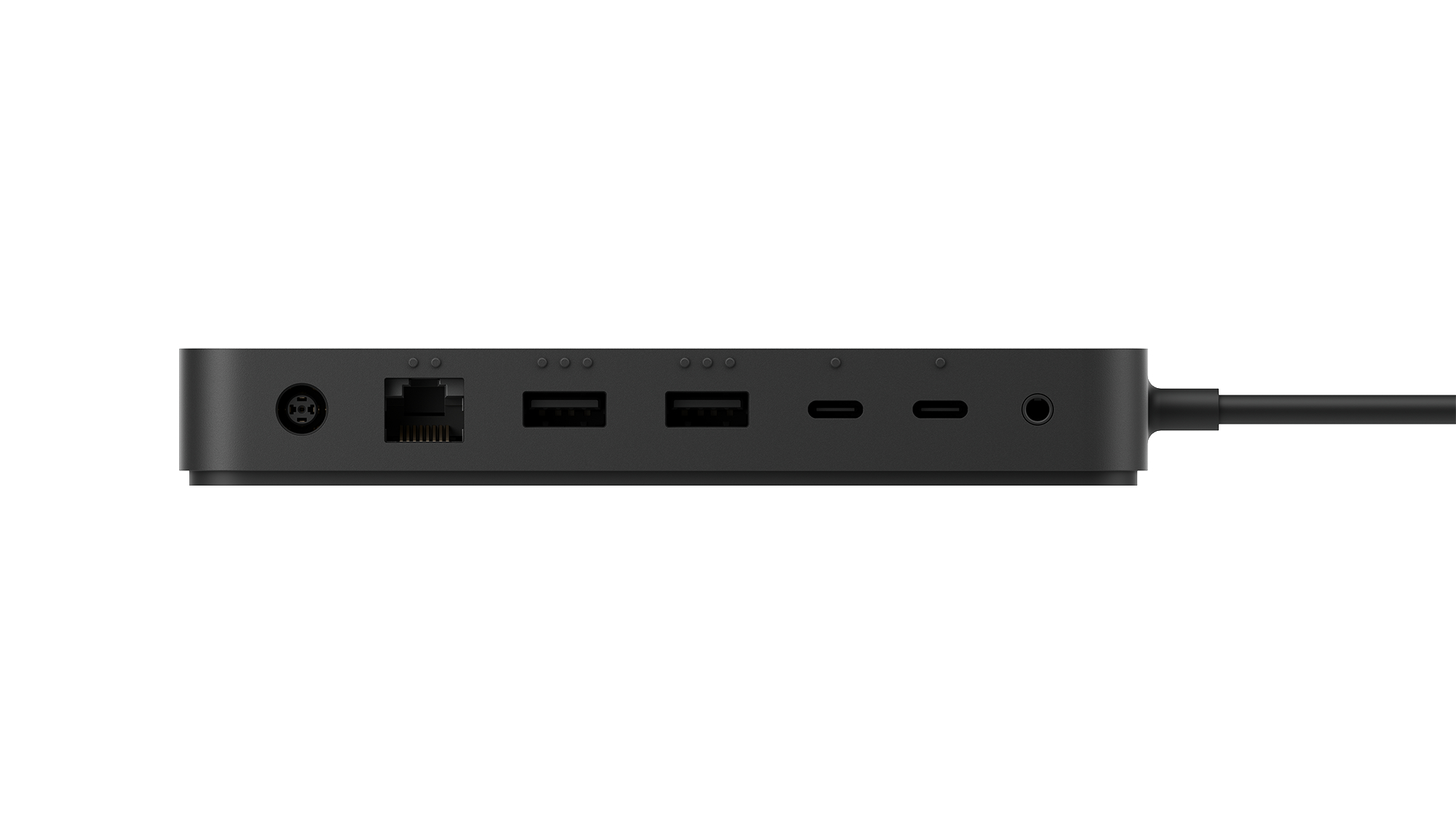 Schwarze Dockingstation mit verschiedenen Anschlüssen: Ethernet, USB und USB-C, isoliert auf Weiß.