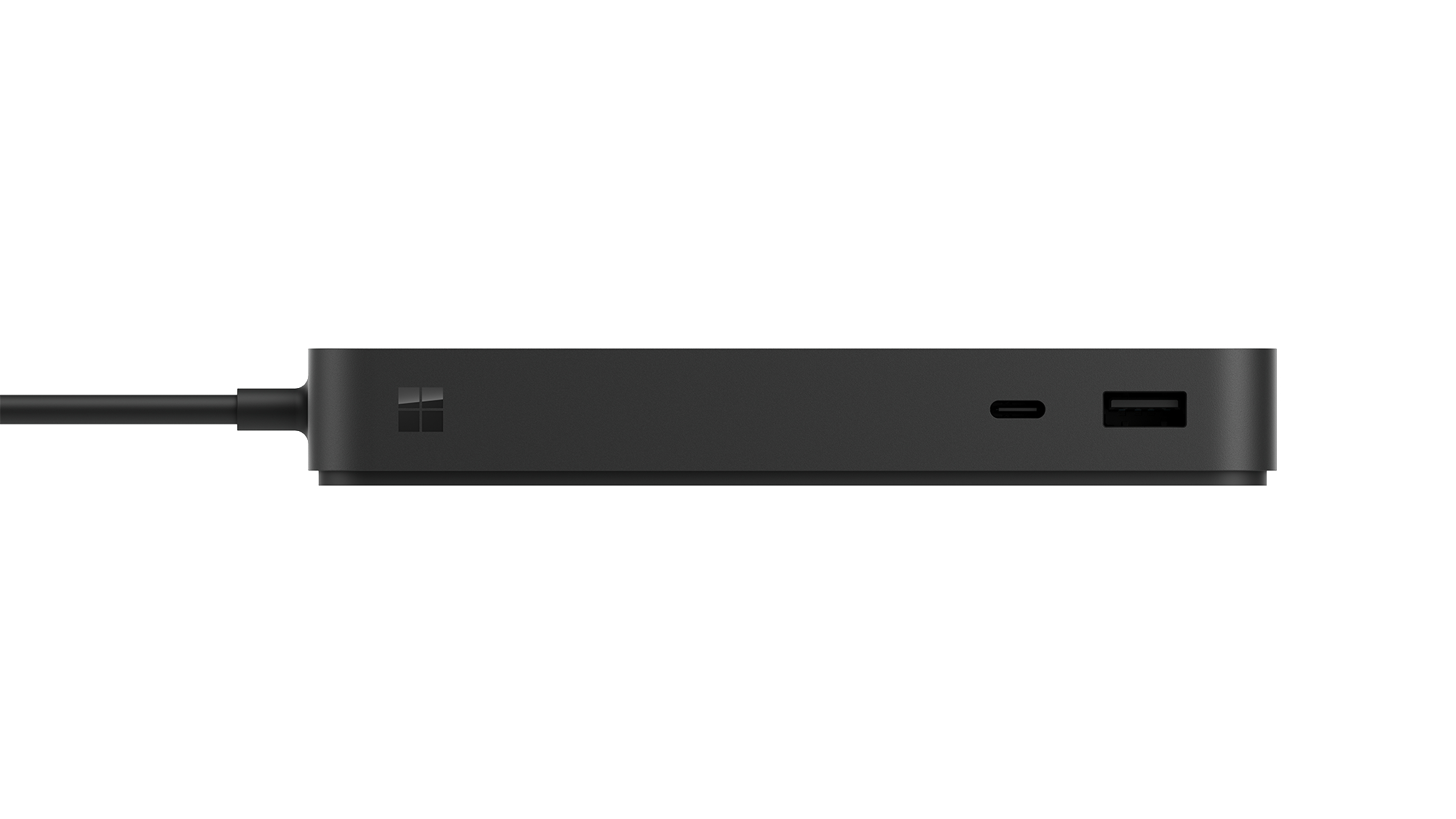 Schwarzes Microsoft Surface Dock mit Anschlüssen und einem Kabel.