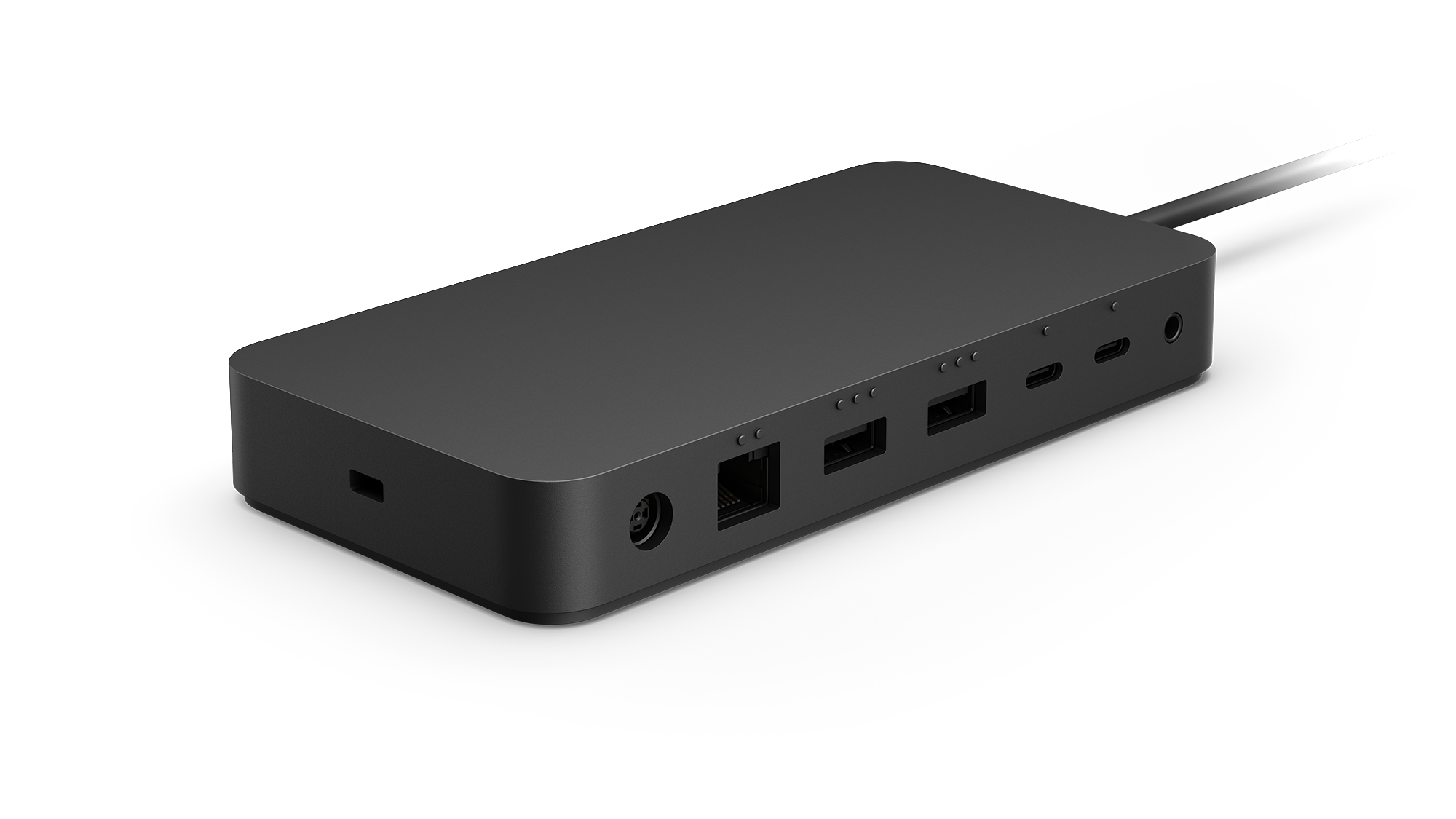 Schwarze Microsoft Dockingstation mit verschiedenen Anschlüssen auf weißem Grund.